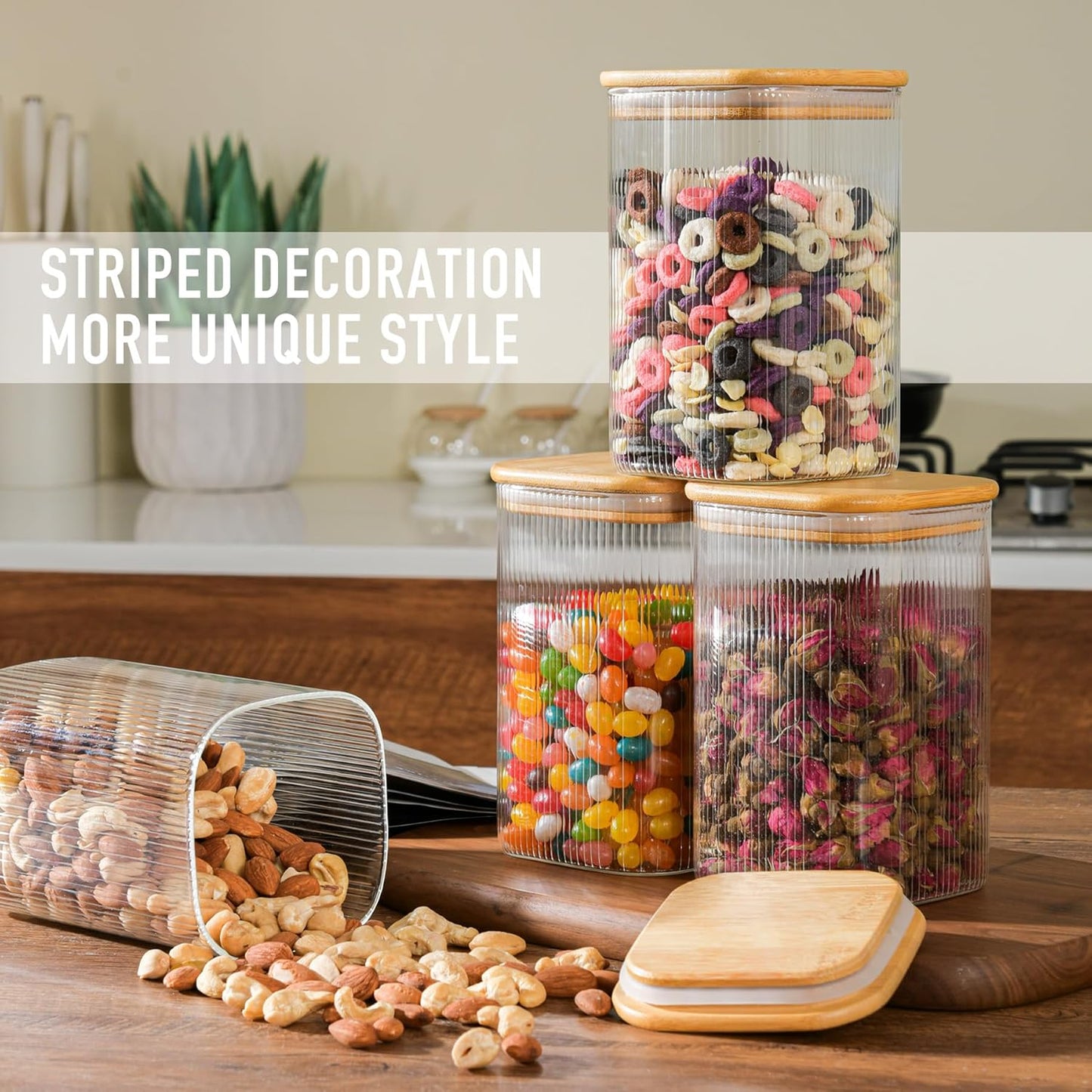 37oz Airtight Glass Square Storage Canisters with Bamboo Lids Set of 6 (1100ml) Striped Stackable Containers, Kitchen Jars for Pantry Noodles, Flour and Coffee beans (with Black Lable)
