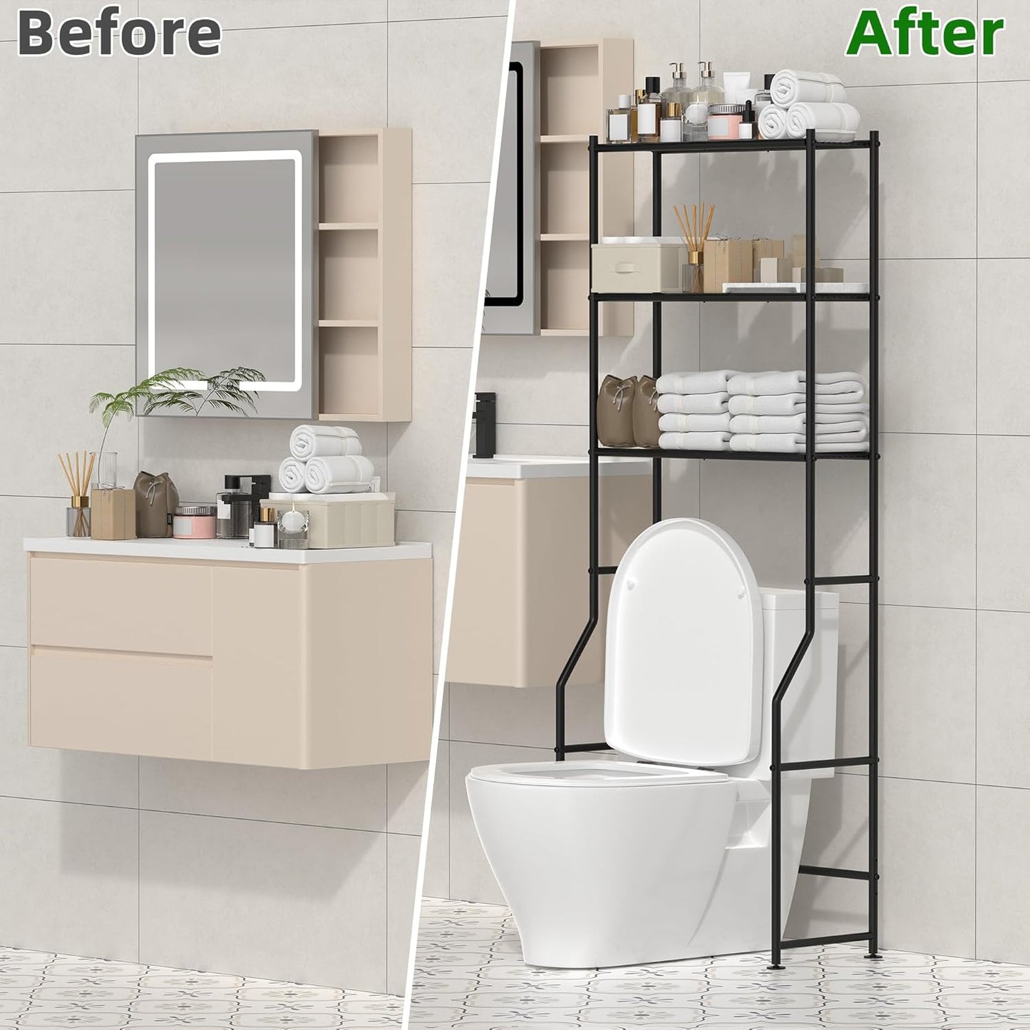 3-Tier Over The Toilet Storage, Freestanding Metal Bathroom Shelves, Space Saver Above The Over Toilet Storage Shelf for Bathroom (Black)