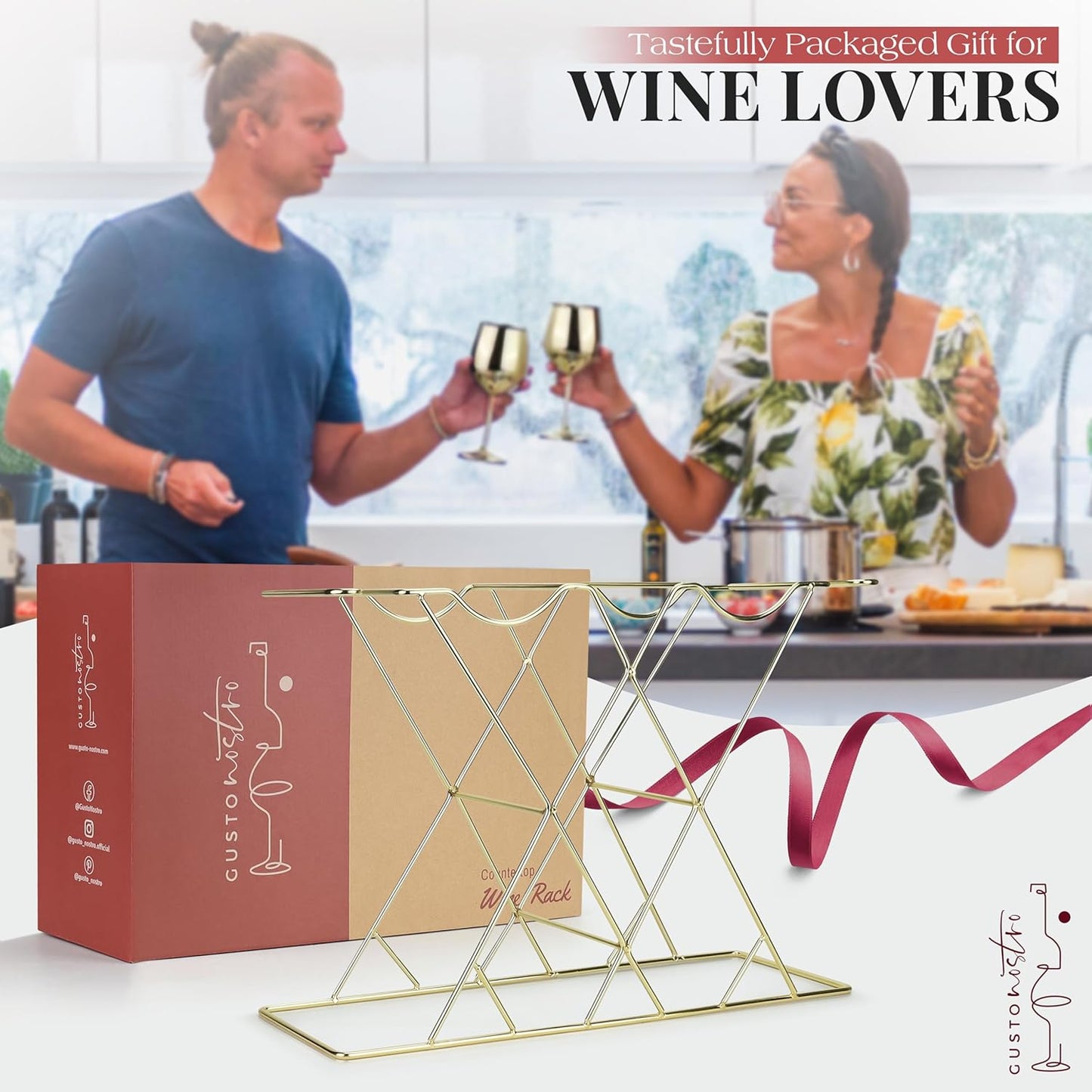 Gusto Nostro Countertop Wine Rack with Glass Holder for 8 Bottles & 4 Glasses - Tabletop Modern Small Wine Rack for Home Kitchen Cabinet Wine Cellar Storage - No Assembly Wine Bottle Holder (Gold)