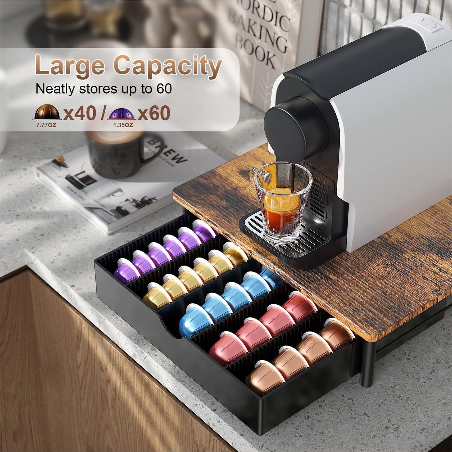 Coffee Pods Drawer Organizer Compatible with Nespresso Vertuo Pods Holds Up to 60 Small or 40 Large (Wood)