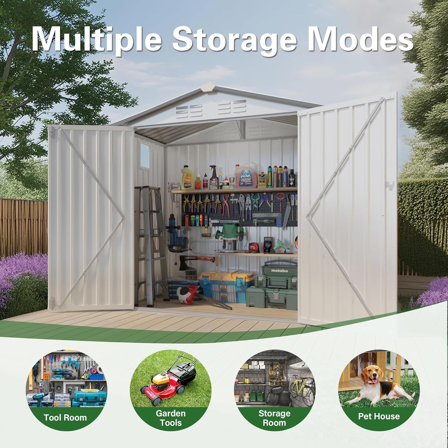 Metal Storage Shed, 6X3.6 FT Lockable Outdoor Tool Shed with Air Vent and Clear Windows, Galvanized Steel Garden Shed for Backyard, Patio, Garden, Bike Storage or Outdoor Use, White