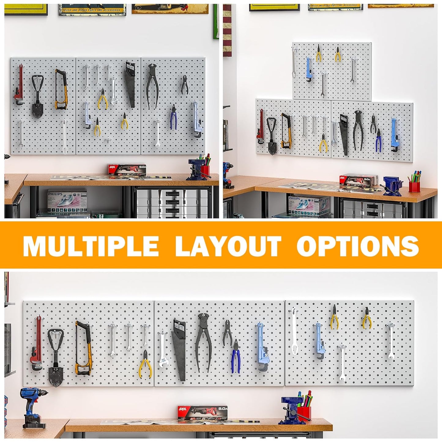 Pegboard Smith Metal Pegboard Panels, 16" x 12" Heavy-Duty Steel Wall Peg Boards for Garage Tool Storage, Pegboard Organizer System (Pack of 3, Gray)