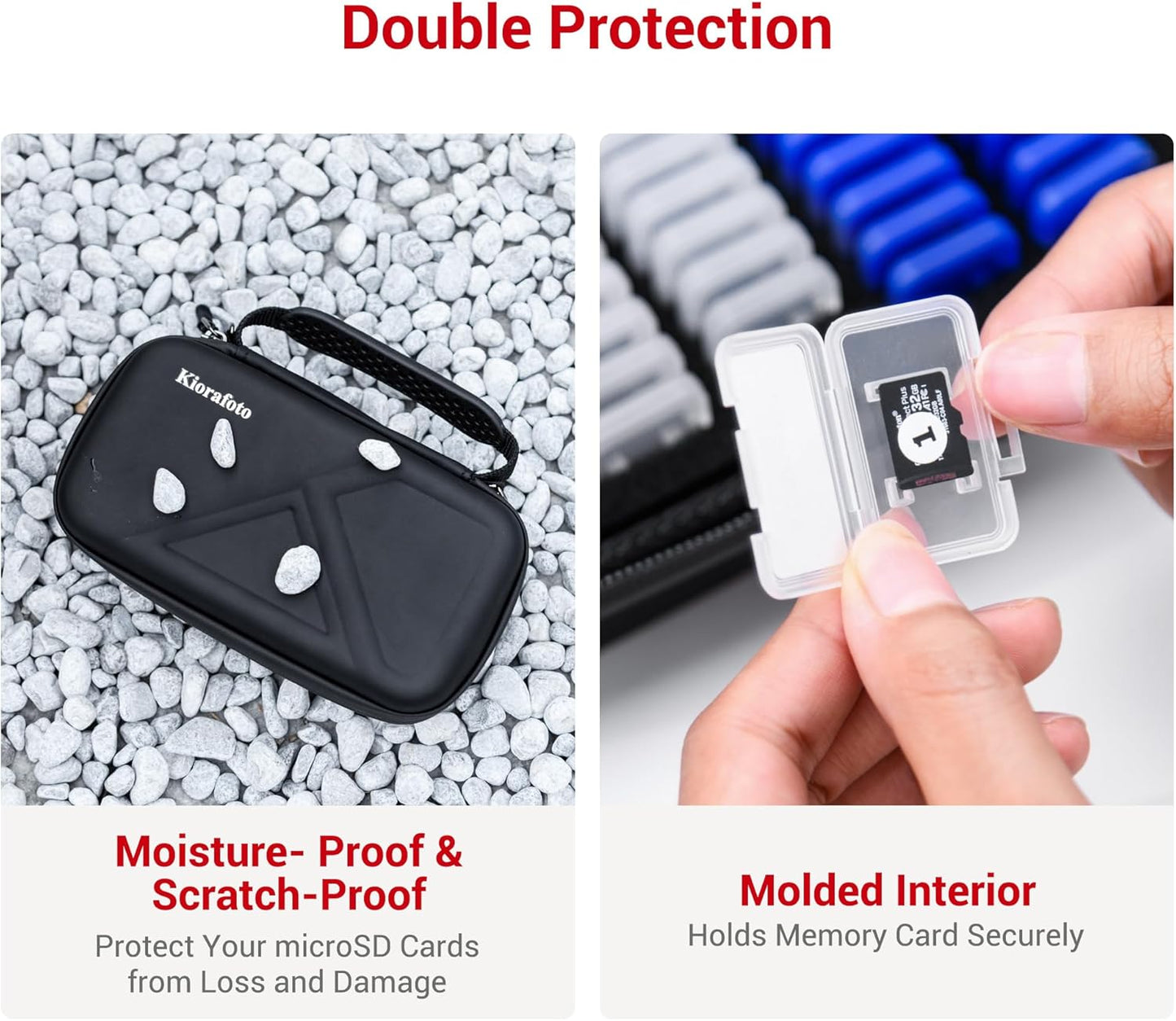 EVA PU Micro SD Card Case with 60 Individual Plastic TF Card Holders - Water-Resistant, Anti-Shock Carrying Organizer with Handle & Label
