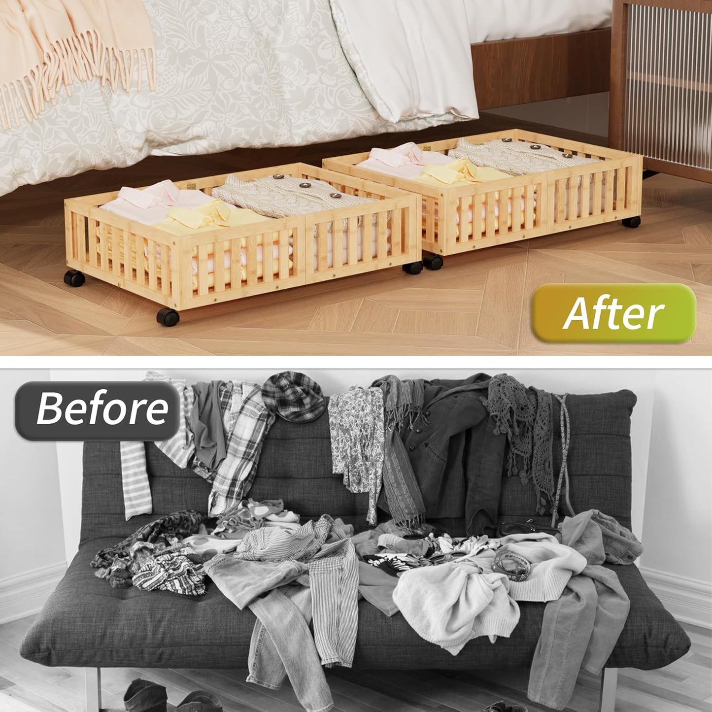 Bamboo Under Bed Storage with Wheels,Rolling Underbed Shoe Organizer Box for Shoes,Blankets,Toys,Clothes Container Space-Saving Bins for Bedroom,Closet,Dorm,Nursery