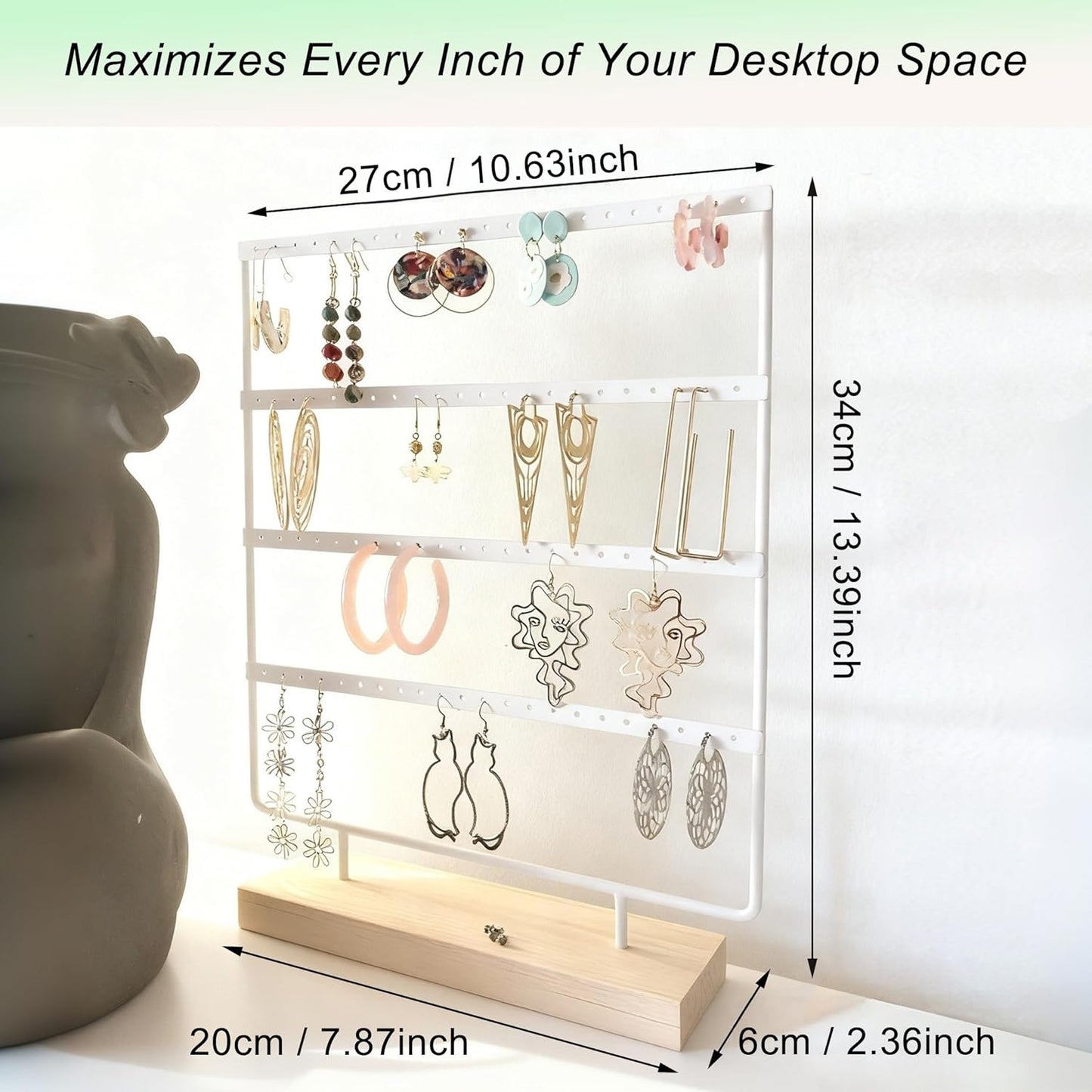 Earring Organizer Stand for Women, 4 Tier Tall Jewelry Holder Organizer Rack, Tabletop Display Rack Multiple Pierced Earrings, Wood and Iron Hanging Jewelry Organizer