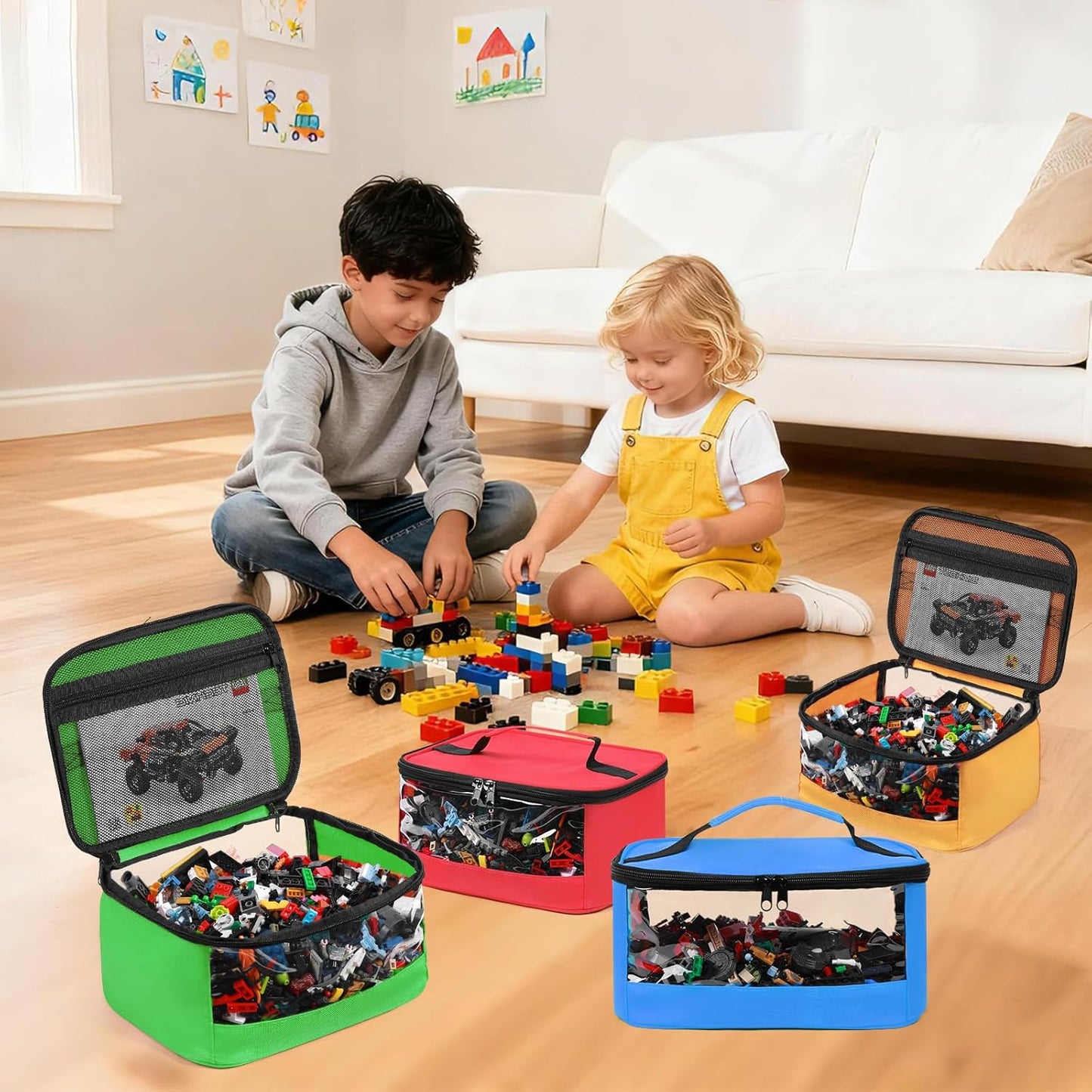 4 PCS Toy Storage Bags, Transparent PVC Toy Organizer Bag with Manual Pocket for Classic Building Bricks, Puzzles, Toy Cars, Large Size, Multicolor