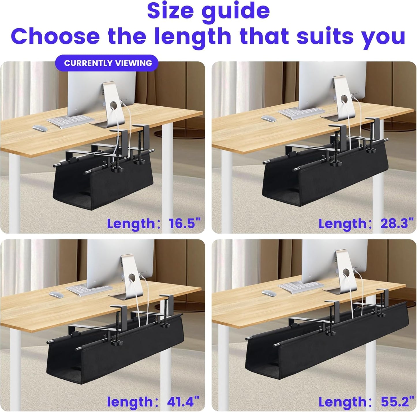Under Desk Cable Management Tray, Clamp-On Cord Organizer,No Drilling Required, Holds Up to 22 lbs, for Cords, Routers, Power Strips (Black, 28.4inch)