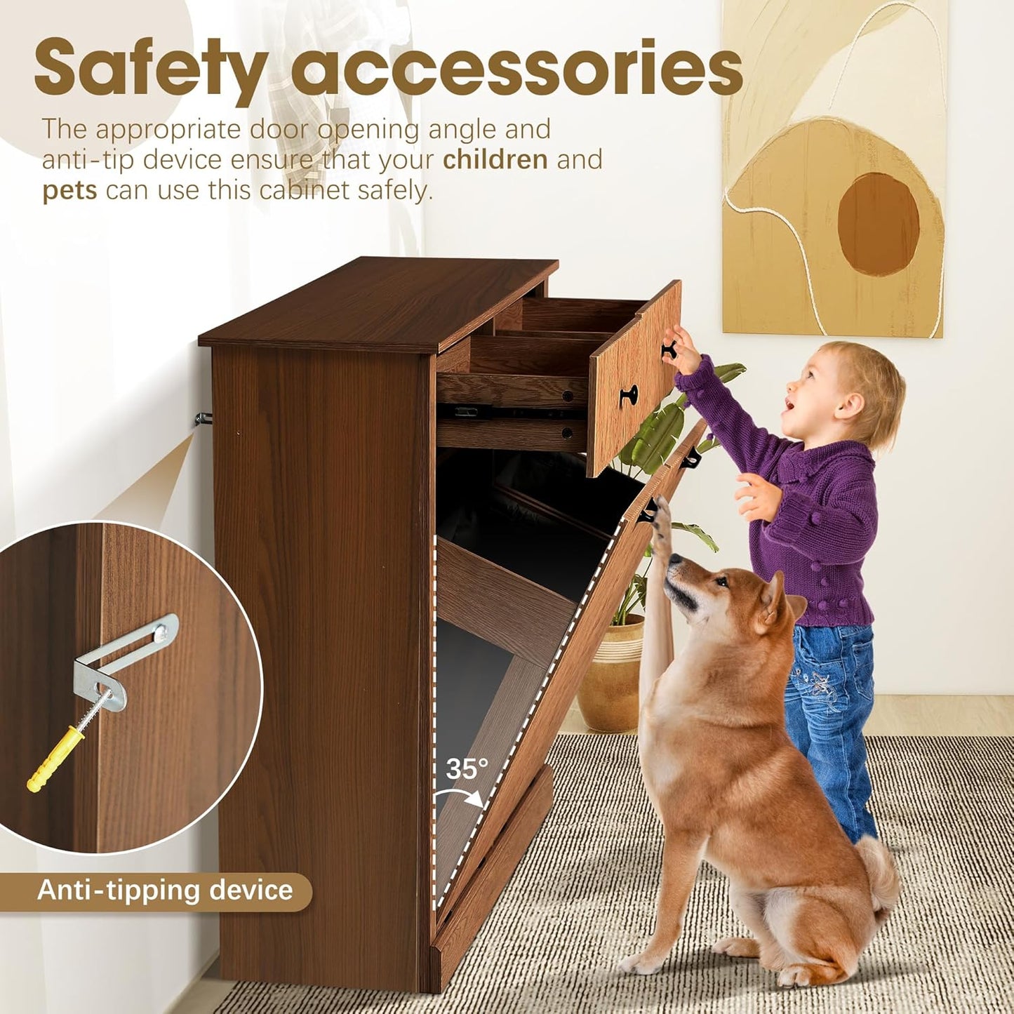 Grepatio Tilt Out Fluted Laundry Hamper Cabinet, 22 Gallon Double Hidden Laundry Hamper, Wooden Trash Can Cabinets with 2 Drawers, Modern Garbage Can Cabinet for Bathroom, Kitchen (Brown, Double)