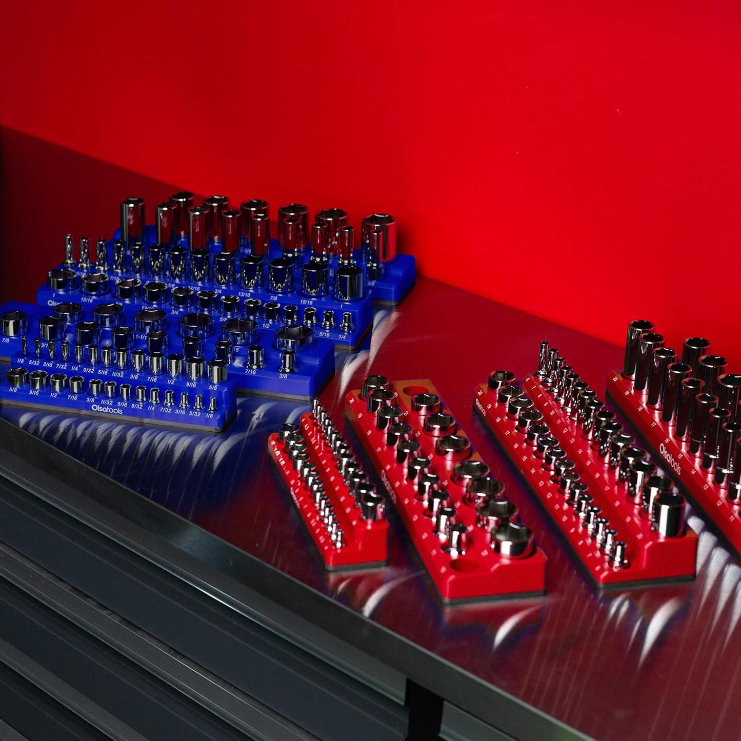 Olsa Tools Magnetic Socket Organizer | 1/2-inch Drive | SAE | Blue | Holds 16 Sockets | Professional Quality Tools Organizer