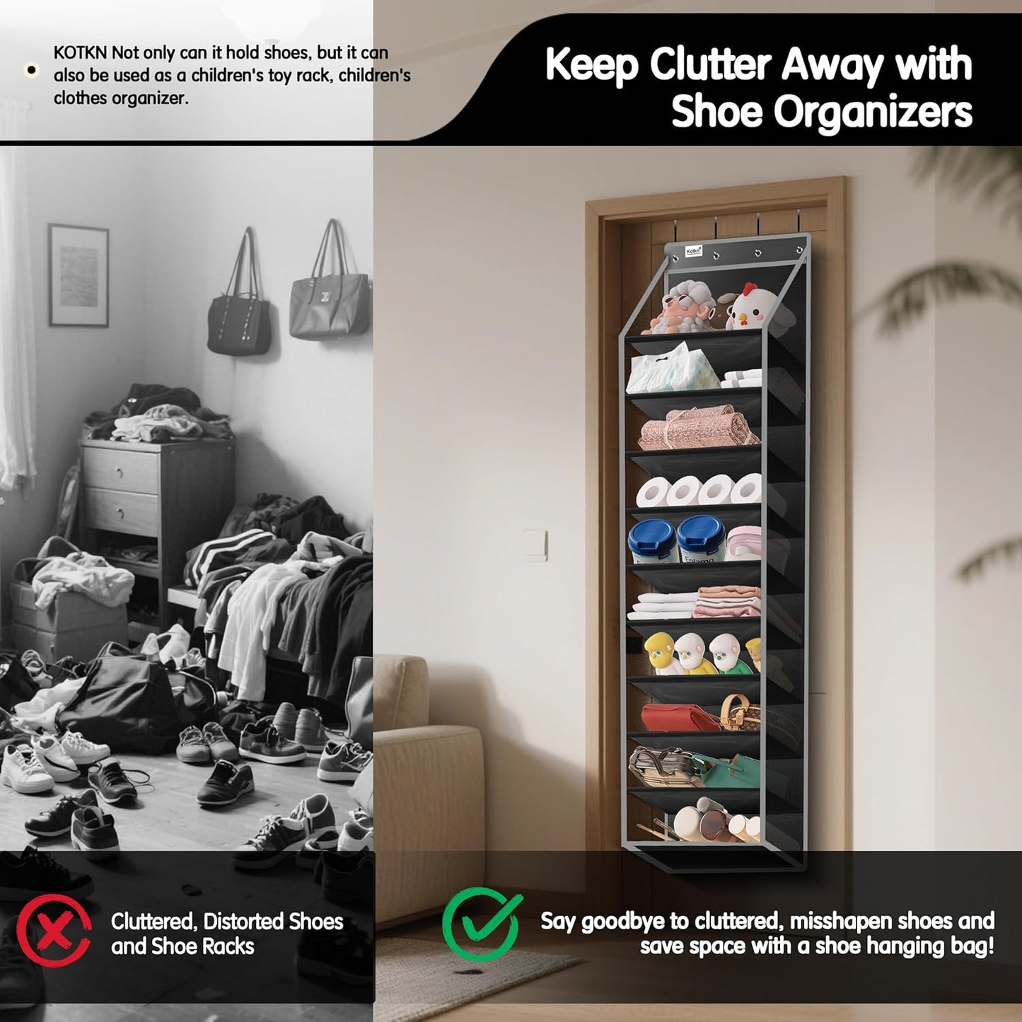 10 Tier Over The Door Organizer - Heavy Duty Hanging Storage Rack with Sturdy Oxford Fabric, Holds 20+ Pairs of Footwear, Boots & Sneakers, Saves 50% Closet Space (Black)