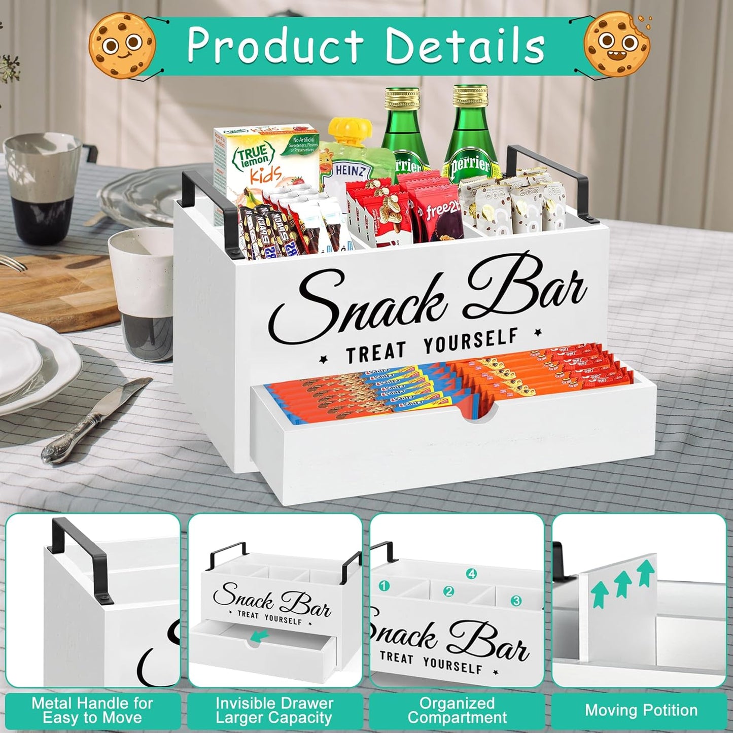 Snack Organizer for Countertop, Wood Pantry Storage Bins with Handles, Snack Organizer for Pantry, Kitchen, 4 Compartment Food Container Snack Box with Drawer, Pantry Organizer for Snacks, Chips