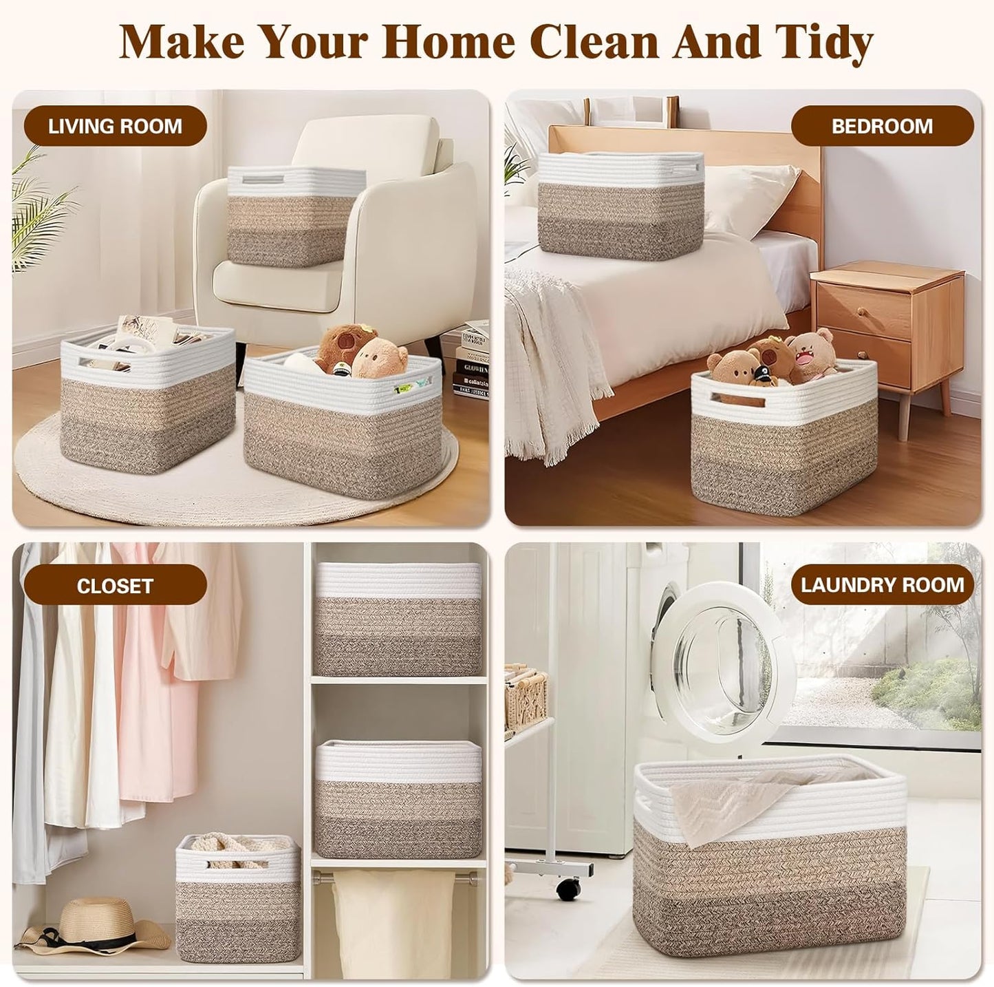 Storage Baskets for Organizing, 4 Pack Storage Baskets for Shelves, Woven Basket for Shelves, Closet Organization, Rectangle Organizer Basket Gifts Empty, 13"Lx8.7"Wx7.9"H Decorative Bins with Handles