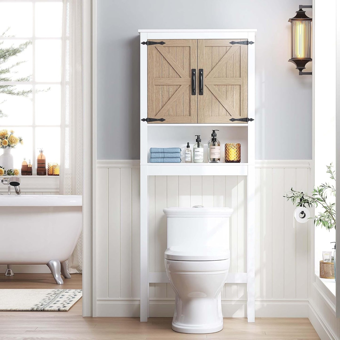 Spirich Over The Toilet Storage Cabinet, Farmhouse Over Toilet Bathroom Organizer with Wood Grain Barn Doors and Adjustable Shelves