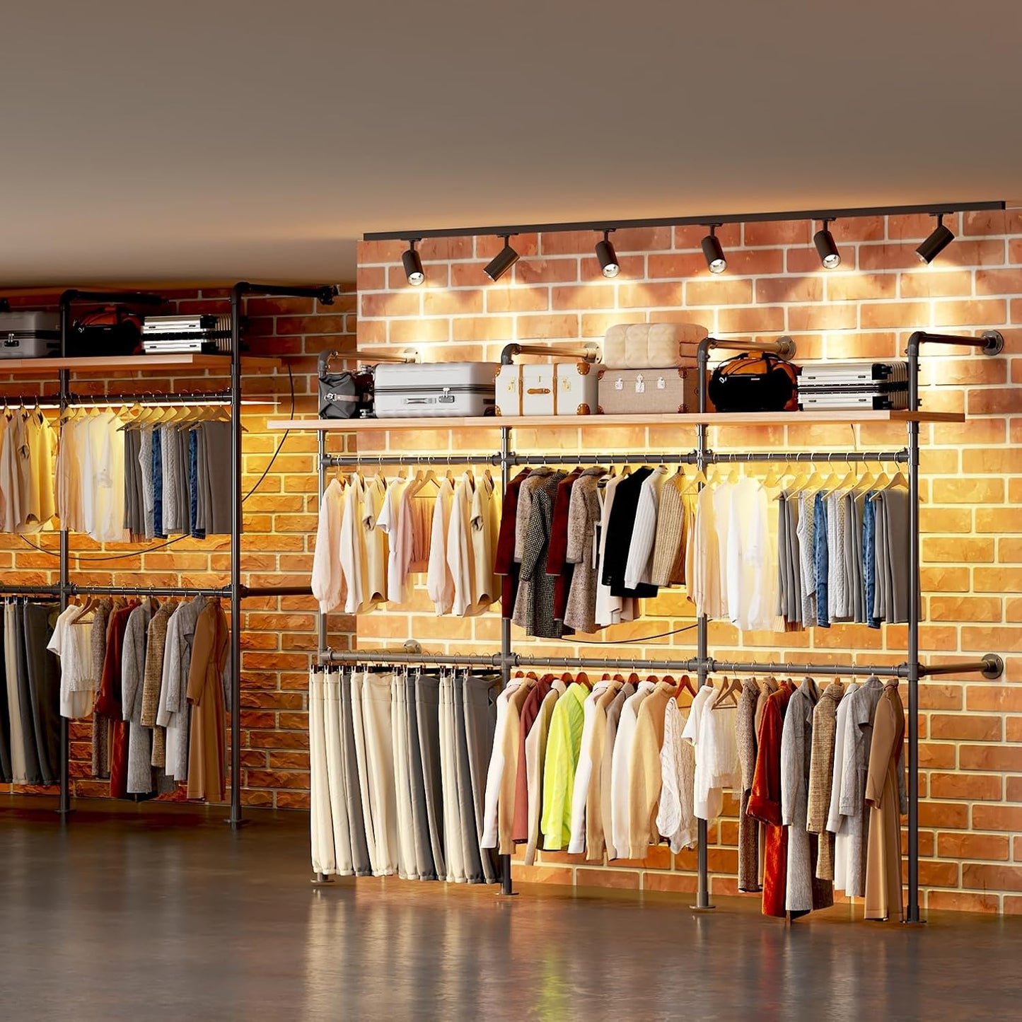 Industrial Pipe Clothing Rack, Reversible 118.3'' Clothes Rack for Hanging Clothes, Black Wall Clothing Rack Wall Mounted Rack for Walk-in Closet, Laundry Room or Retail Display (丨丨丨-with board)
