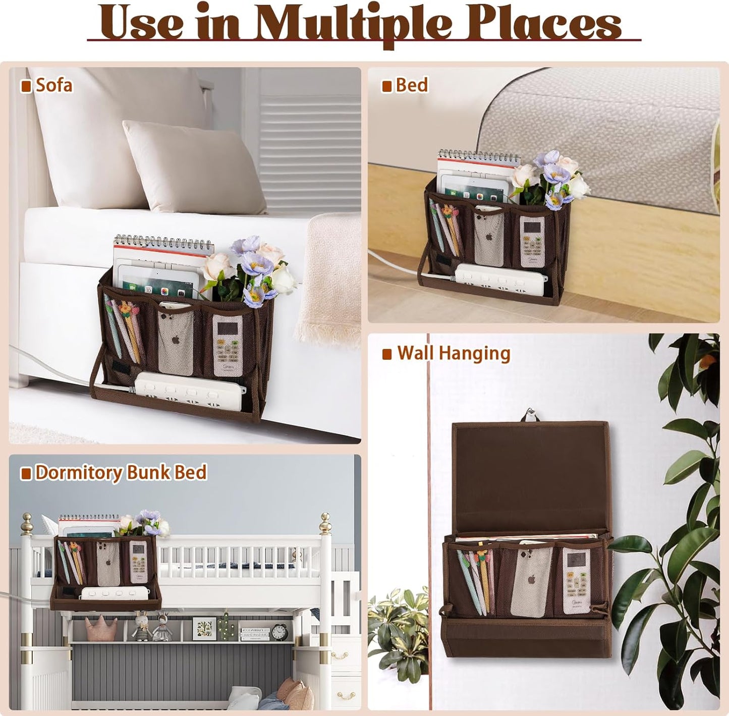 Bedside Storage Organizer with Power Strip Holder and Adjustable Straps Bed Hanging Bag for Home Bunk Bed Dorm Sofa (Brown)