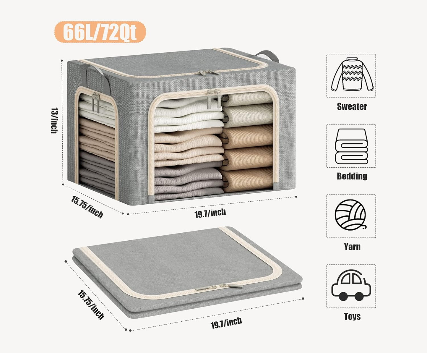 3 Opeings Large Clothes Storage Bins with Metal Frame, Foldable Storage Bin for Clothes, Clothing Storage Bins with Lid, Linen Storage Box With Clear Window& Zippers& Handles.(3 Pcs,Light Grey,66L)