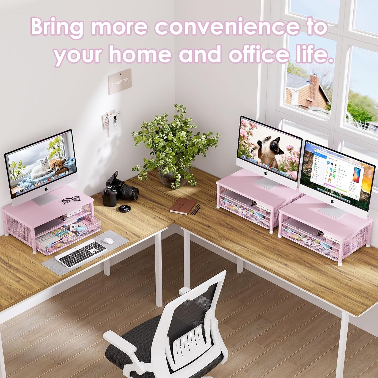 OPNICE Computer Monitor Stand Riser, Desk Organizer with Drawer, Laptop Stand, Office Desk Accessories & Workspace Desktop Organizers Storage for Office Supplies(Pink)