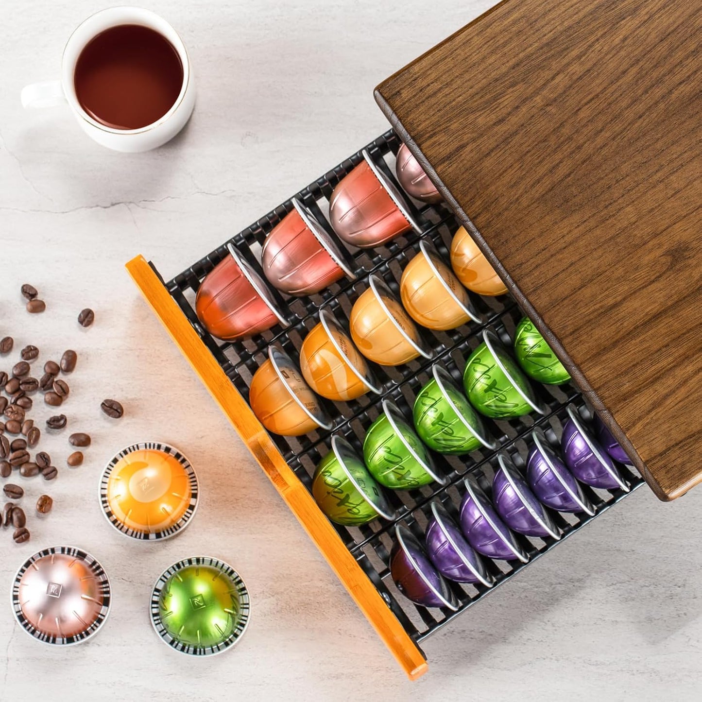 Vertuo Capsule Holder Drawer for Nespresso With Elegant Wood Top (40 Pods)