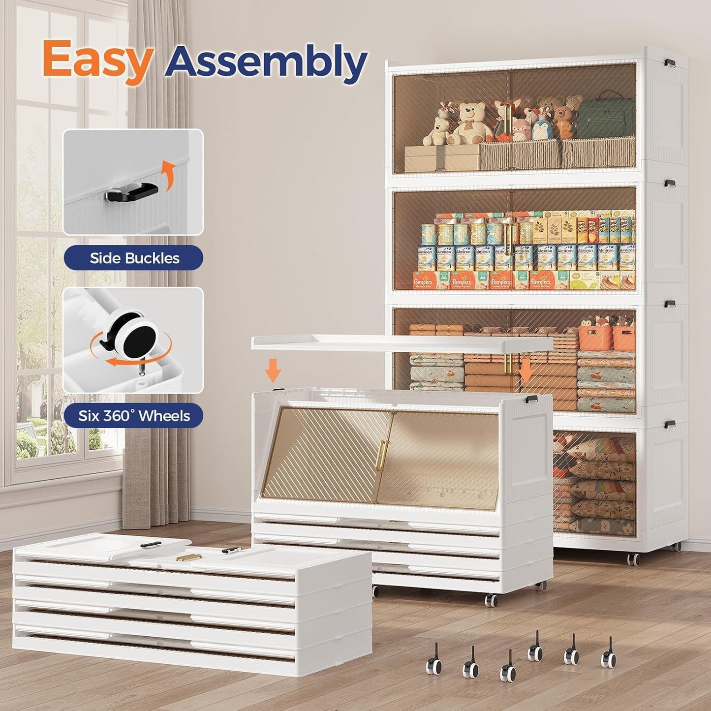 200GAL Extra Large Storage Bins with Lid, 800QT Collapsible Organizer with Wheels, Stackable Closet Cabinet with Doors, Folding Storage Containers for Home, Office, Kitchen, 4Pack White