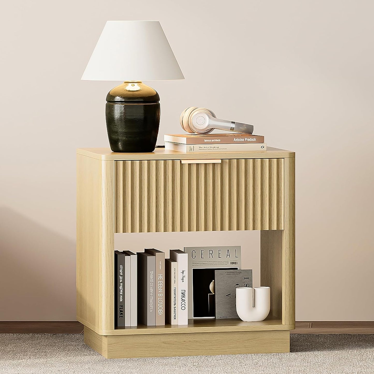 Fluted Nightstand with Charging Station Modern Bedside Table with Drawer and Open Shelf Mid Century End Table with Storage for Bedroom Living Room Sofa Office