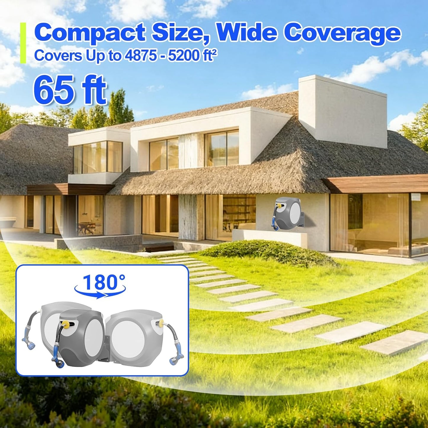 SPECILITE Retractable Garden Hose Reel 65 FT 1/2", 304 Stainless Steel Water Pipe, 3x Life, Leak-Proof, UV & Freeze Resistant, Automatic Rewind & Any Length Lock, Wall Mount Hose Reels for Outside