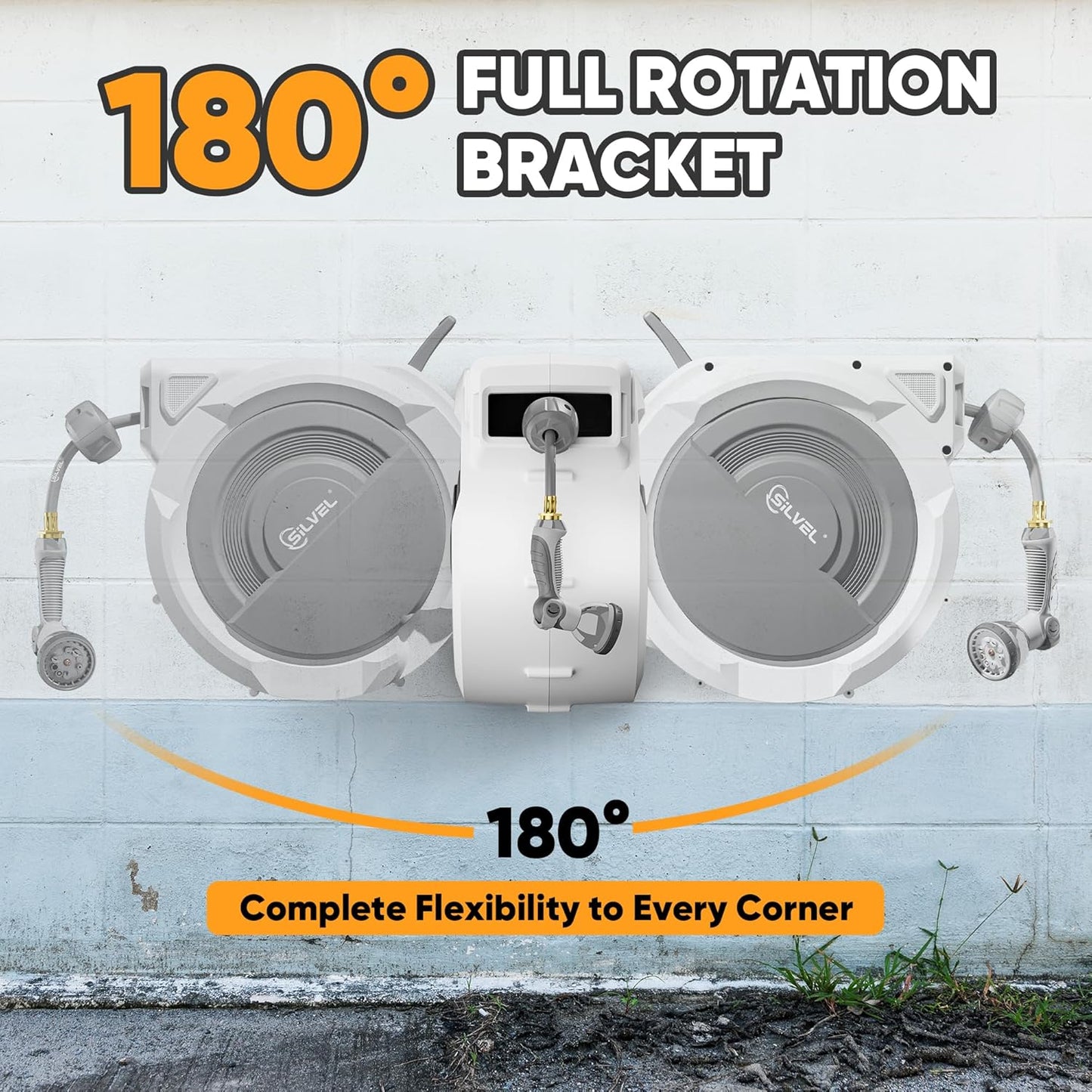 SILVEL Retractable Garden Hose Reel – 5/8 in x 75FT Heavy Duty Automatic Hose Reel Wall Mounted, Upgraded UV Resistant with 10 Pattern Nozzle, Any Length Lock & Slow Return System, 180°Swivel Bracket