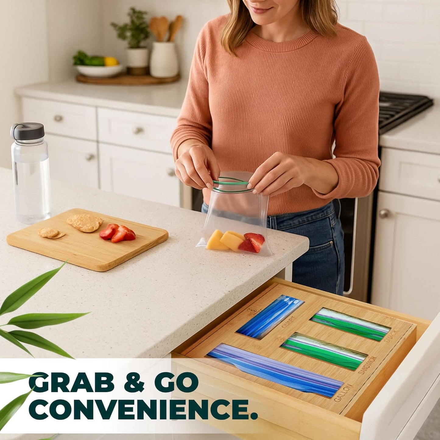 Bamboo Storage Bag Organizer for Kitchen Drawer – Foil & Plastic Bag Organizer for Drawer – Ideal for Foil and Plastic Wrap | Gallon, Quart, Sandwich, Snack Bags, Baggie Holder