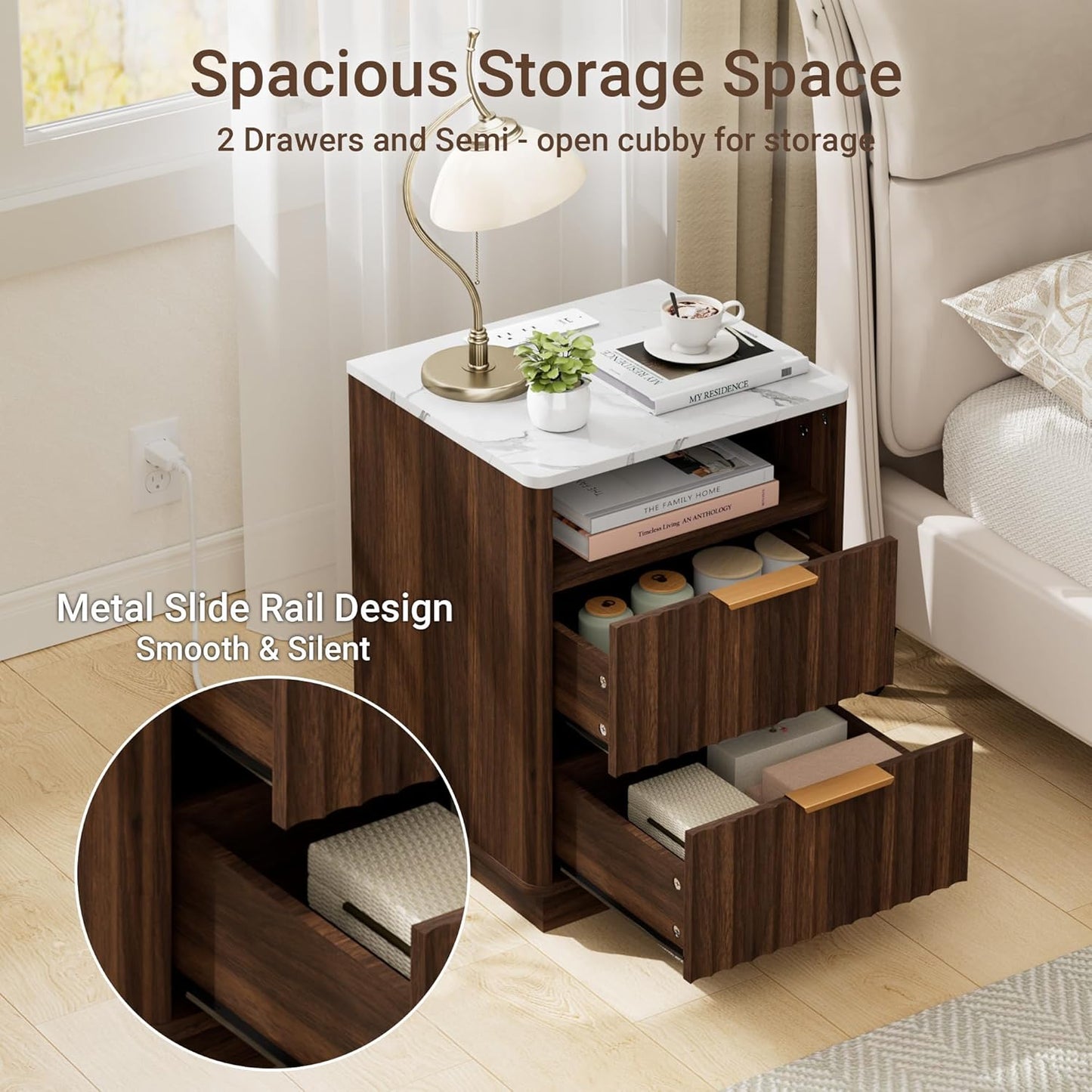 Fluted Night Stand with Charging Station, 18" Modern Nightstand with Faux Marble Top, 2 Drawers End Table with Storage, Bedside Table for Bedroom Living Room, Curved Profile Design(Walnut)