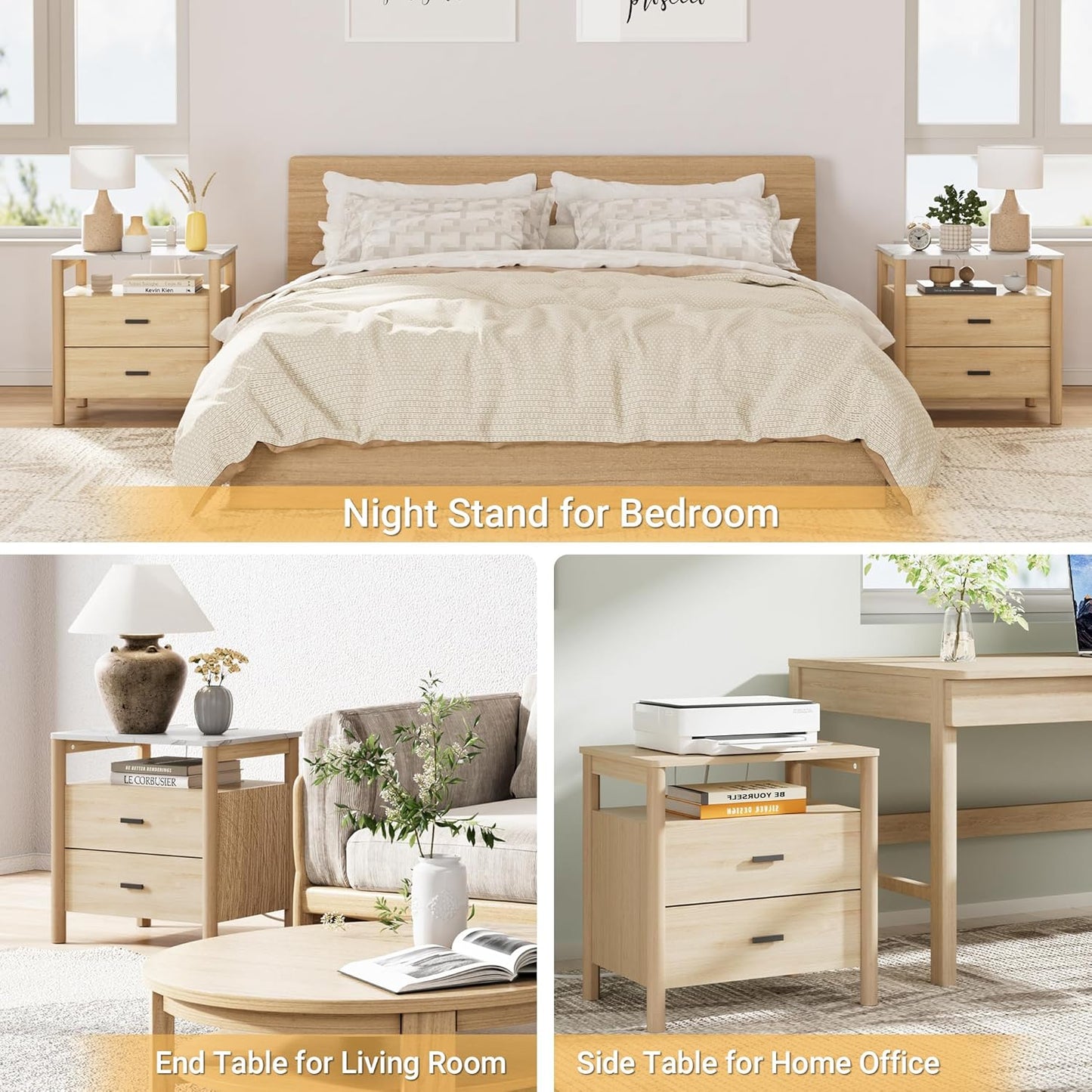 Night Stand with Charging Station, 24" Large Modern Side Table with Solid Round Post Legs, 2 Drawers End Table with Open Shelf, Nightstand with Storage for Bedroom, Natural Oak