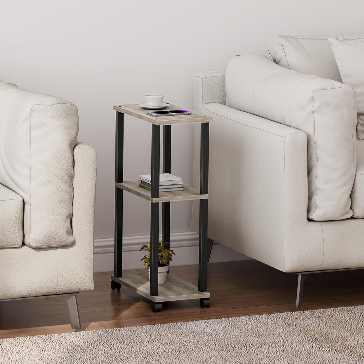 TUTOTAK Small Side Table, Narrow End Table, Bedside Table, Couch Side Table with Wheels for Living Room or Bedroom, Greige TB01BG061