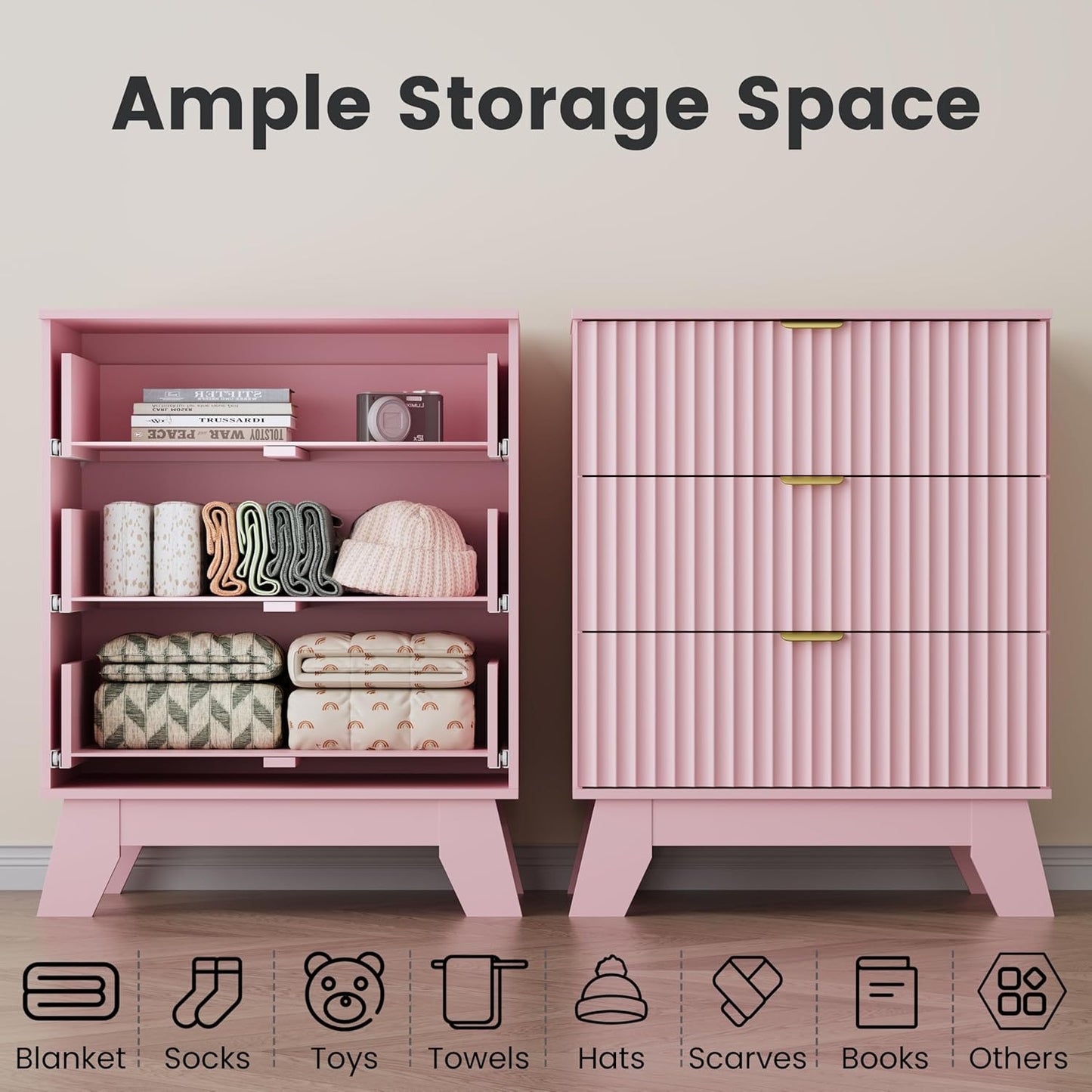 Pink Night Stand with 3 Drawers, Bedside Table & End Table, 24" Wide Mid Century Modern Fluted Wood Nightstand with Metal Handles, Farmhouse Night Stands for Bedroom