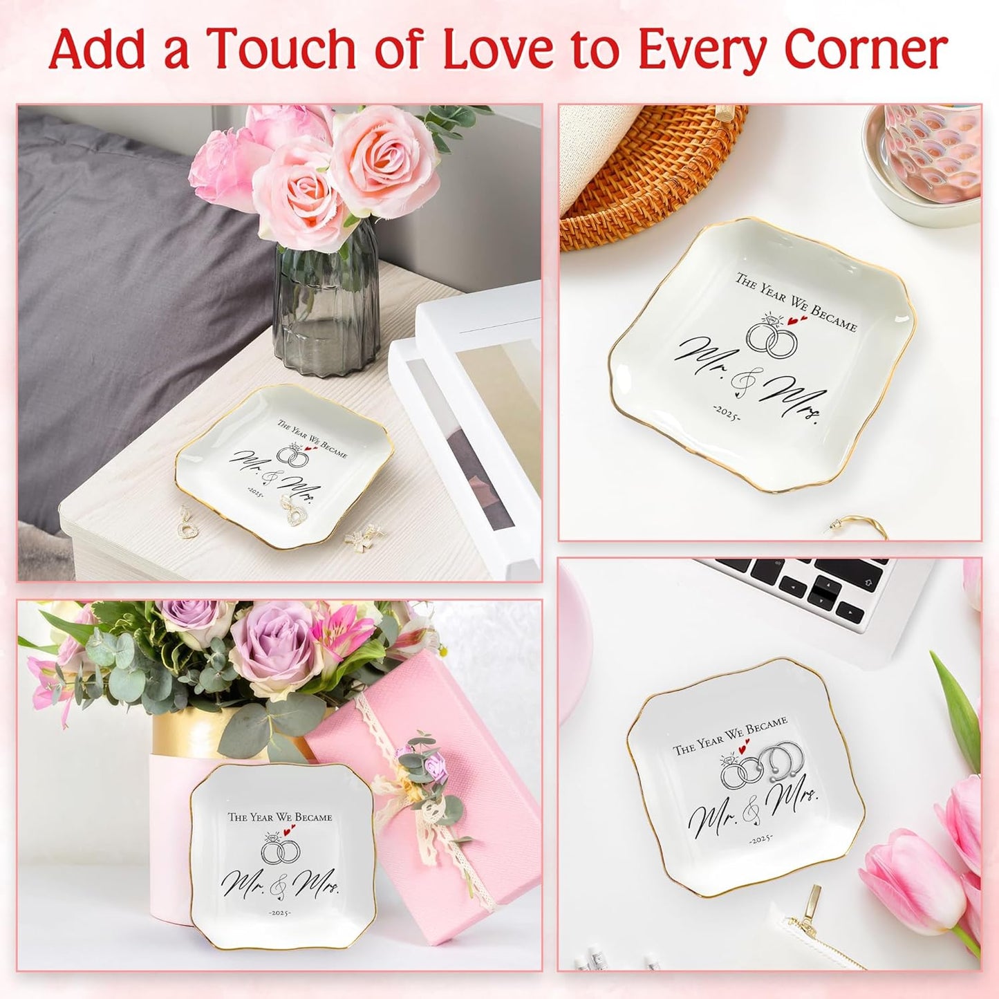 OASSIE Christmas Wedding Gifts for Couples 2025 - Mr and Mrs Gifts 4"x4" Ceramic Jewelry Dish Tray - Bridal Shower Engagement Gifts for Bride Women Newlyweds Marriage Just Married
