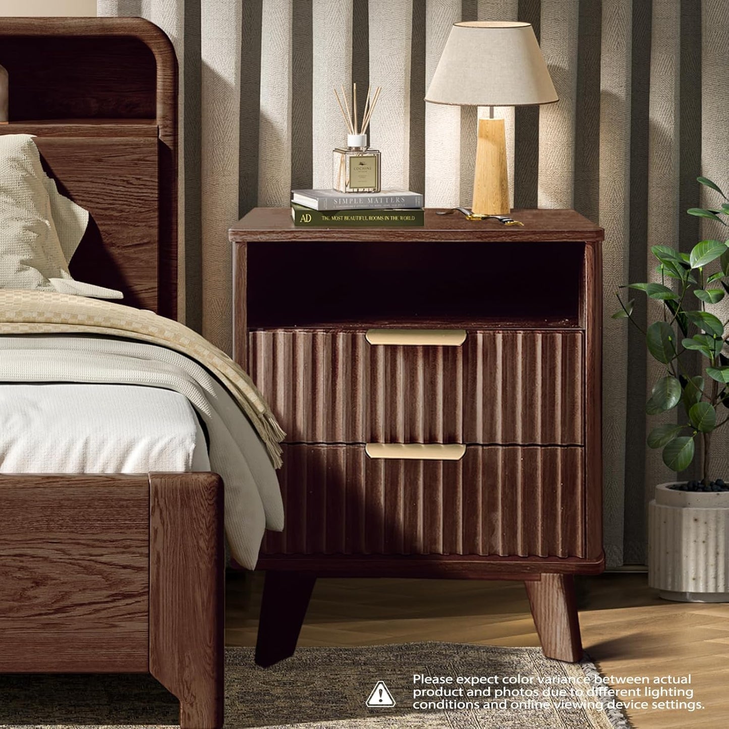 Fluted Nightstand - 24" Modern Bedside Table w/ 2 Drawers, Wood Bed Side End Table with Open Shelf, Night Stand with Storage Drawer, Curved Design Night Stands for Bedroom Living Room (Walnut)