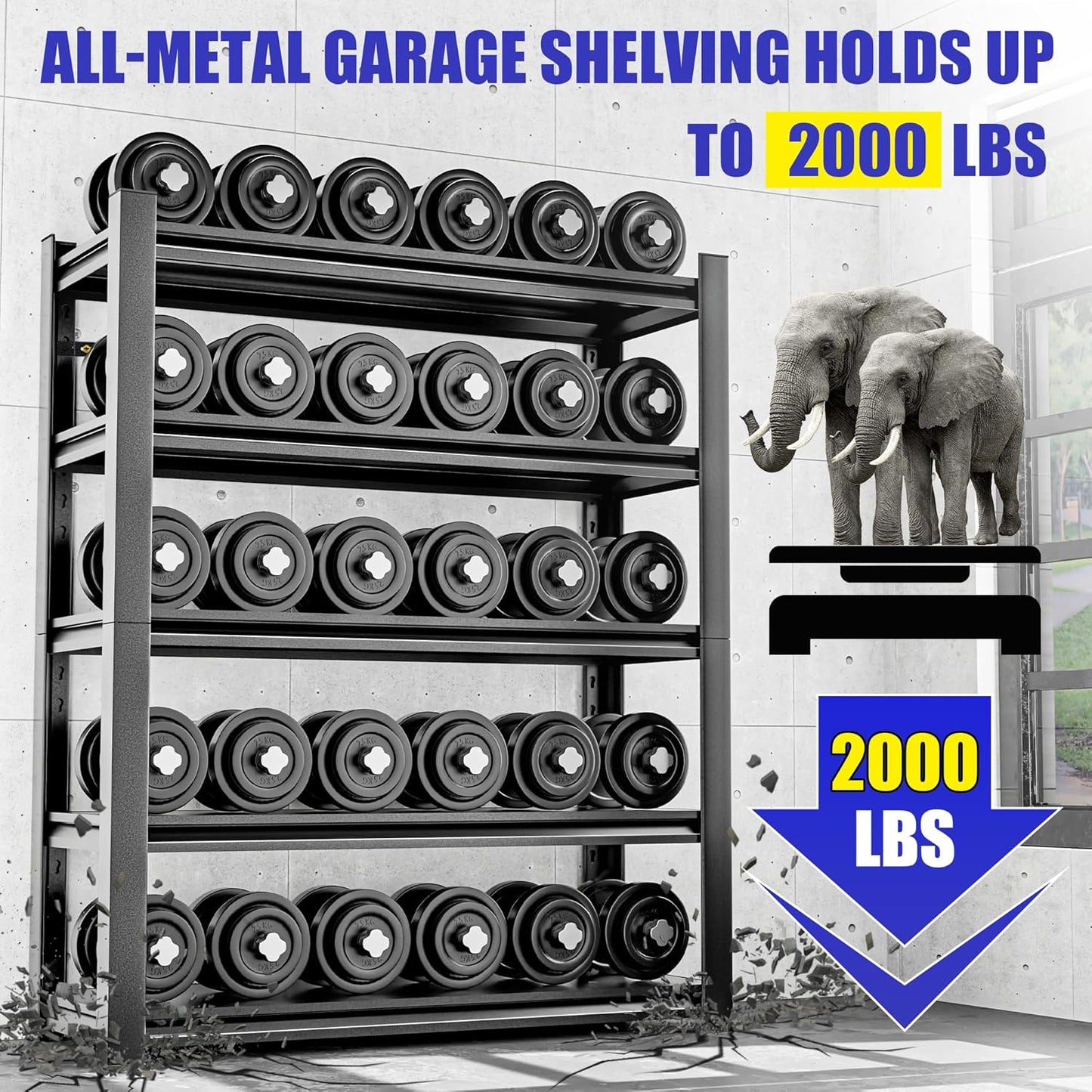 Heavy Duty Garage Shelving Unit, 72" H 2000 LBS Metal Storage Shelves, 5 Tier Adjustable Shelving Units for Organization, Heavy Duty Garage Storage Rack (72''H x 36''W x 16''D)