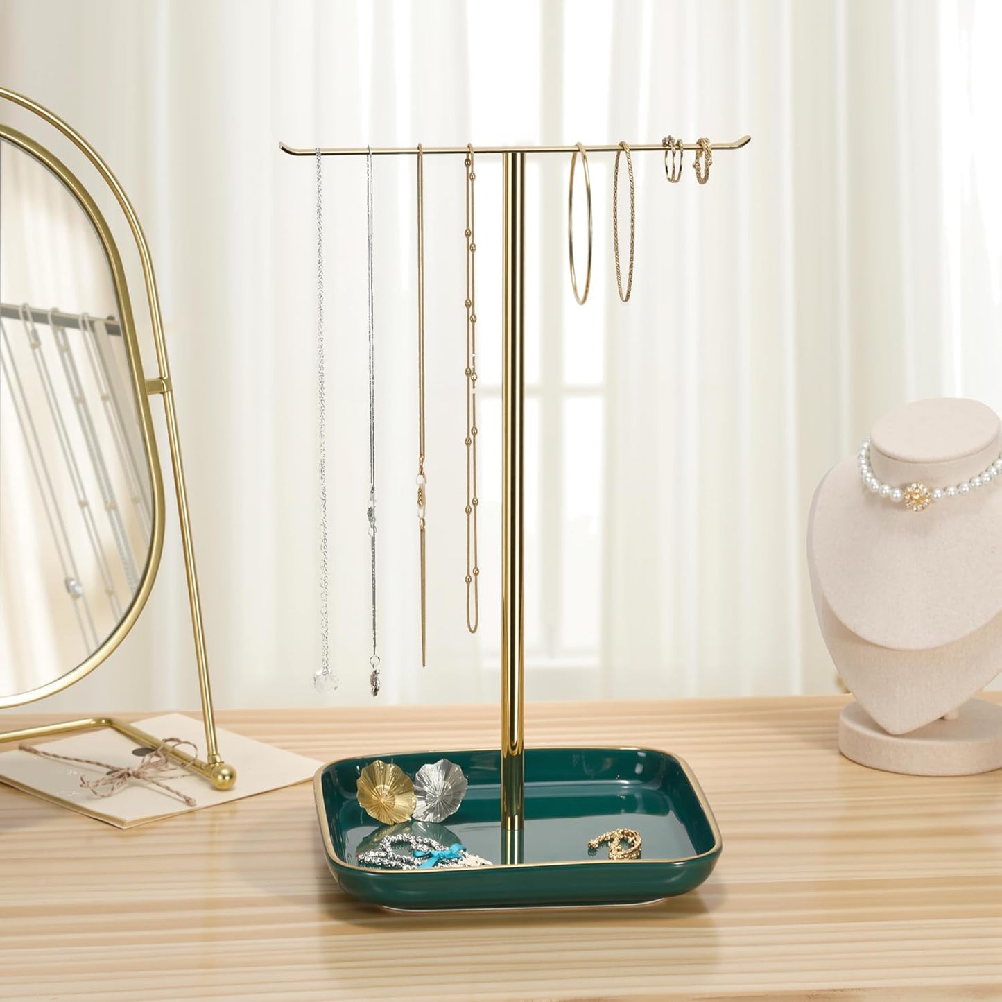 Jewelry Holder Stand with Ceramic Base: 12" Tall Necklace Organizer Rack, Tree Design Display Storage for Necklaces, Bracelets, Rings, Earrings, Aesthetic Room Décor for Girls and Women, Green