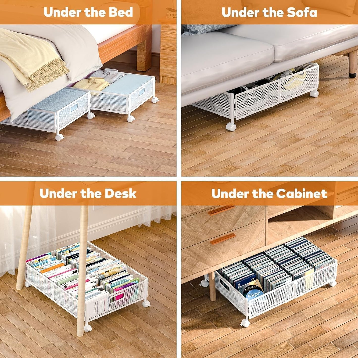 Under Bed Storage with Wheels, Rolling Under Bed Storage Bins for Shoes Clothes, Foldable and Easy Mobility (4 Pack, White)