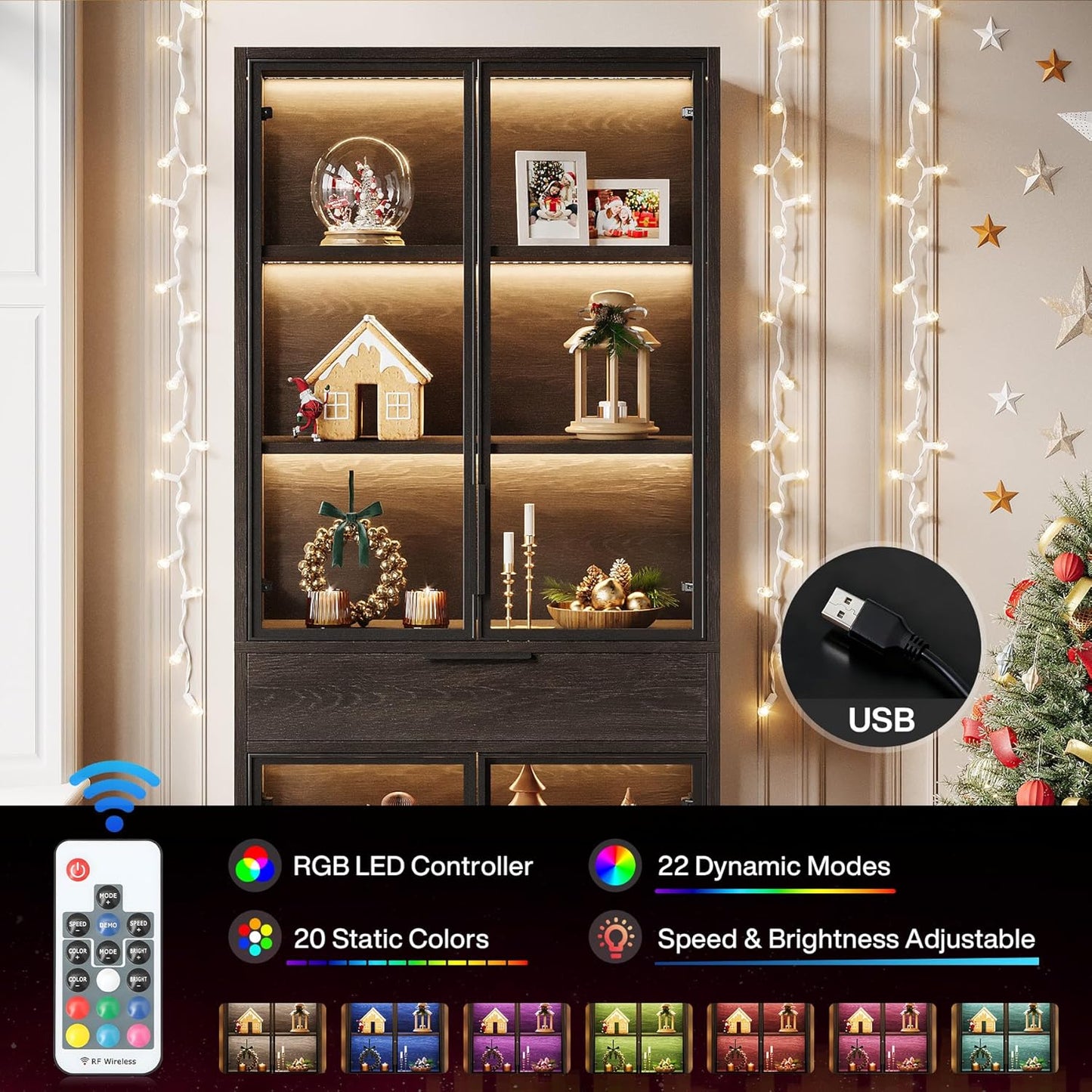 Tribesigns 71-inch Tall Display Cabinet with Doors, 5-Tier Curio Cabinet for Collectibles with LED Lights and Drawer, Display Case Bookcase with Shelves for Bedroom, Living Room, Office, Black