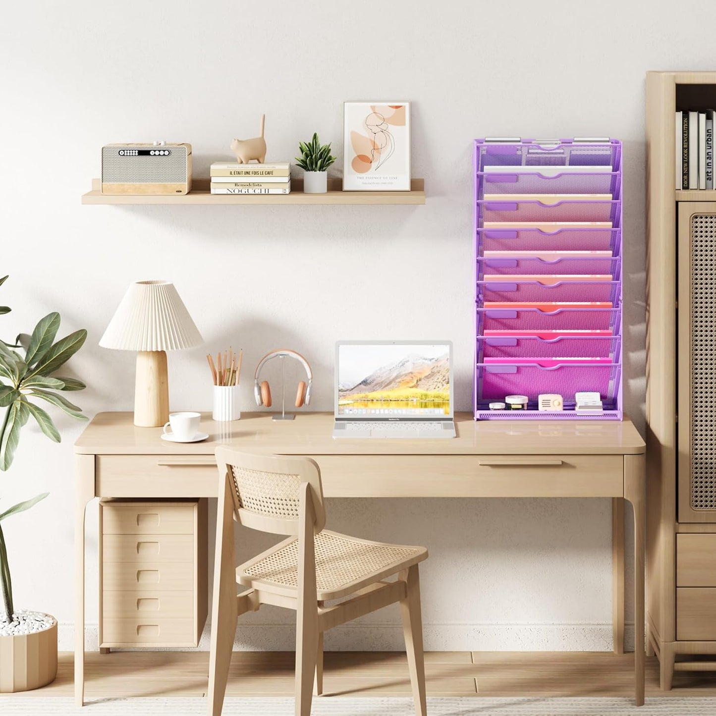 Lavatino Hanging Wall File Folders Organizer - 10-Tier Purple Metal Mesh Paper Magazine Document Mail Holder File Organizer for Office School Home Wall Mount or Desk Supplies Organization