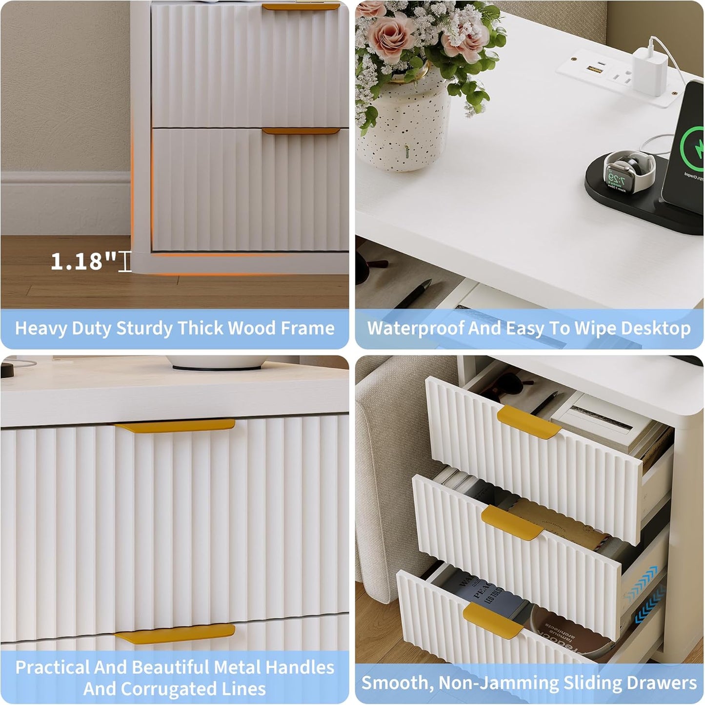 Fluted Nightstand with Charging Station, Bedside Table with 3 Drawers Storage Space, Metal Handles and Rounded Corners for Safety, Mid Century Modern End Table, Side Table for Bedroom, Living Room