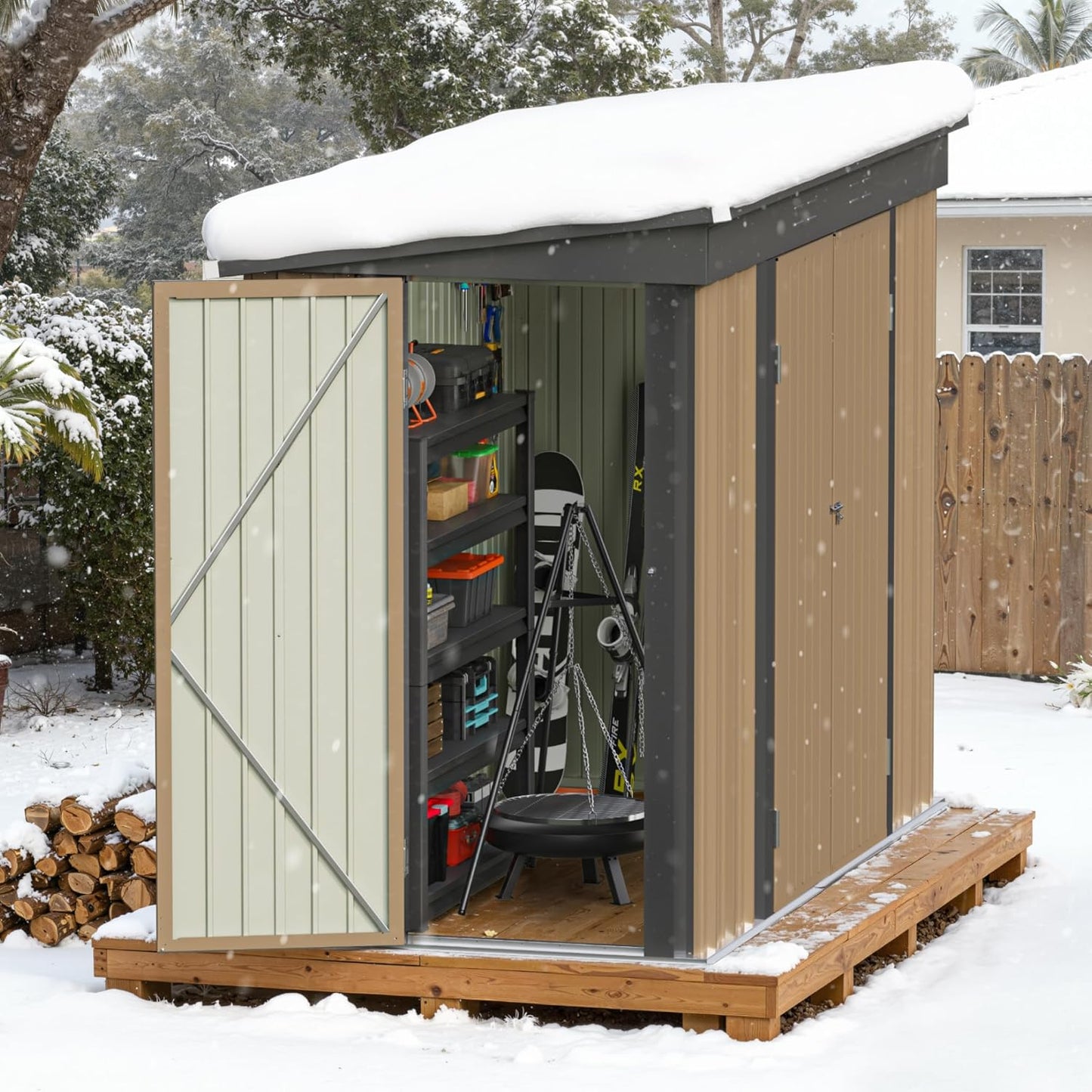 Greesum 8x4FT Outdoor Storage Shed, Metal Shed with Triple Lockable Door, Utility Tool Storaged Garden Shed with Slopping Roof for Patio Storage, Brown