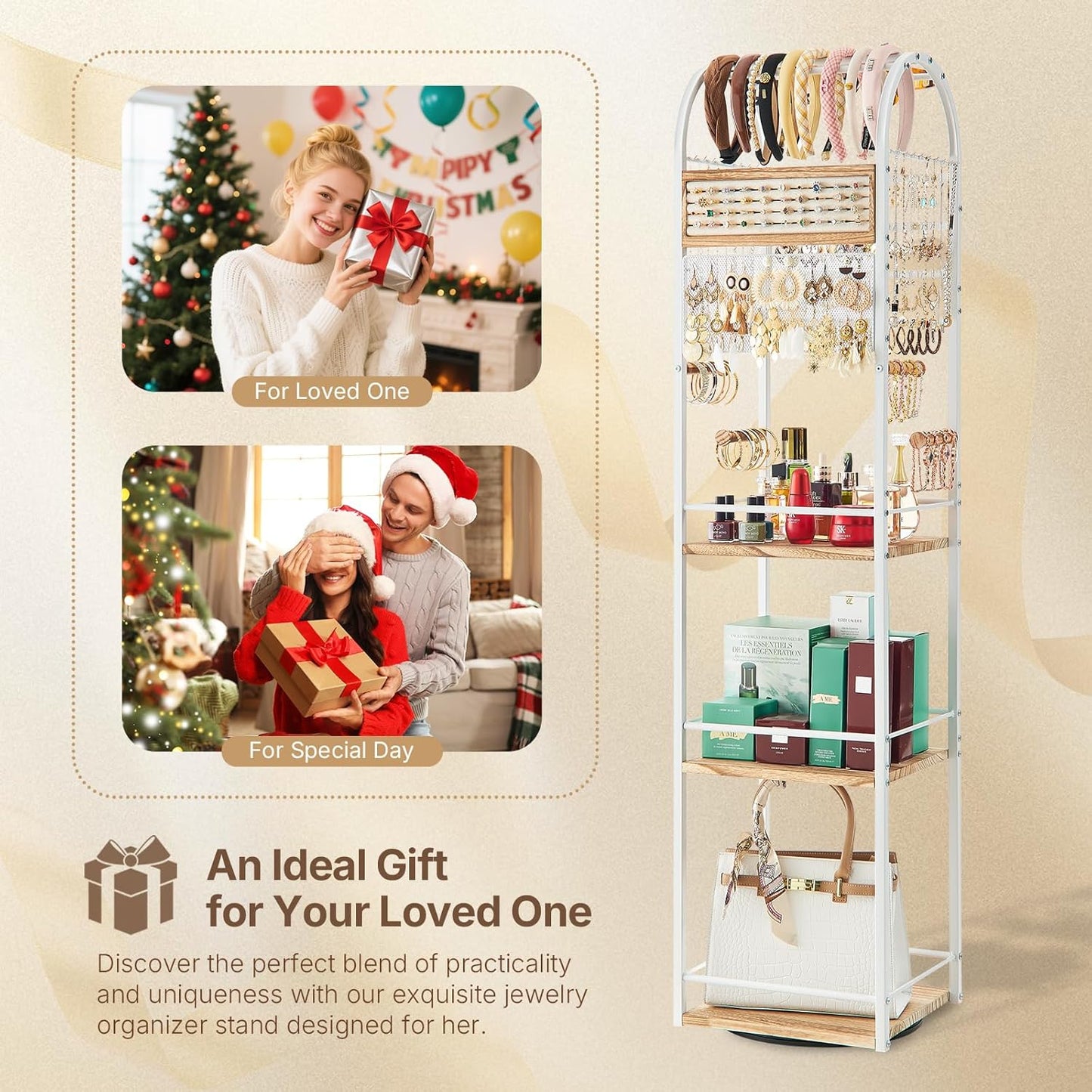 Jewelry Organizer Stand, 360° Rotating Floor Jewelry Holder with Earring Organizer Necklace Holder, 3 Floors Large Jewelry Stand Bracelet Ring Organizer, Women Jewelry Tree Organizer