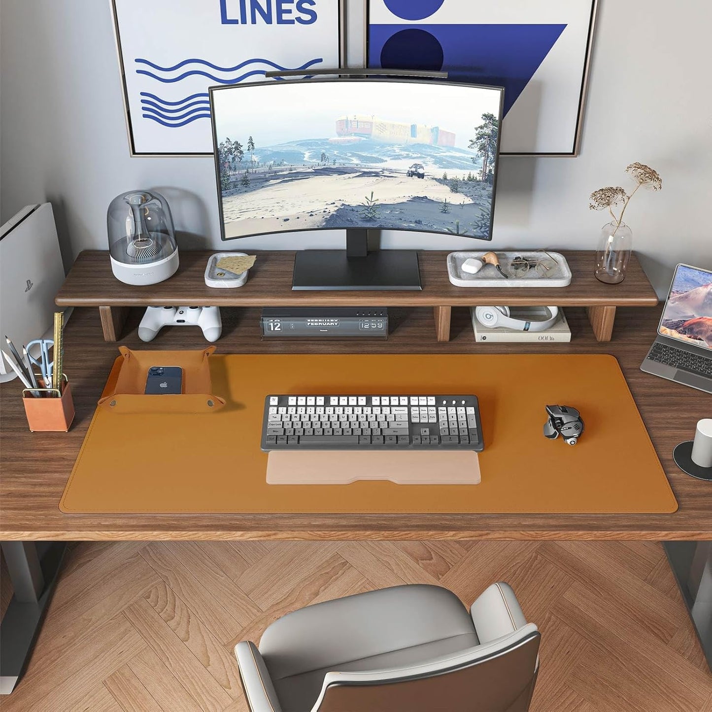 DAWNTREES Dual Sided Desk Mat,Leather Desk Pad,Brown Cork Desk Mat Protector,with PU Leather Valet Tray Organizer,Large Mouse Pad,Desk Writing Pad for Office and Home(31.5"x15.8")