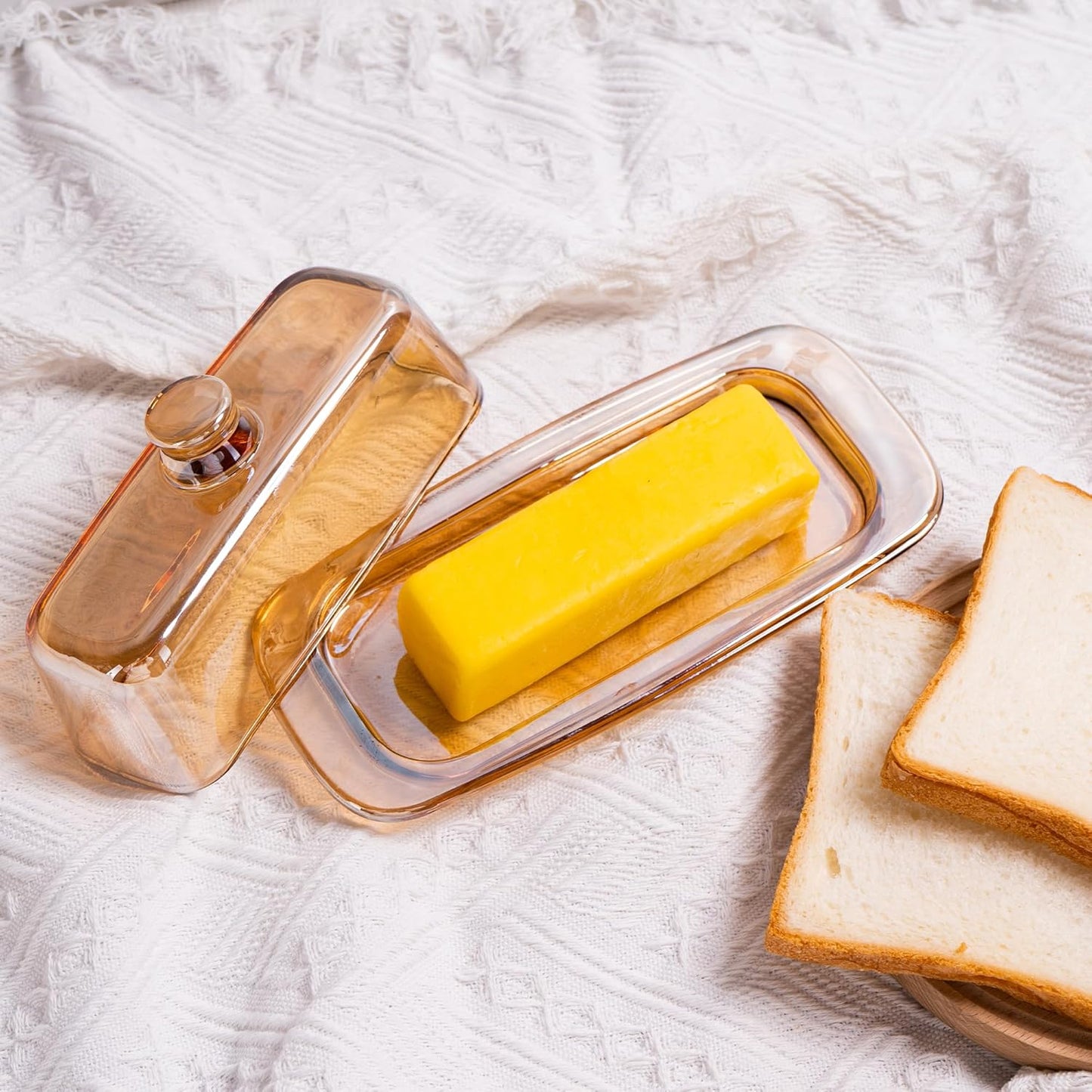 Butter Dish with Lid for Countertop, Elegant Champagne-Colored Covered Glass Butter Holder Tray Container