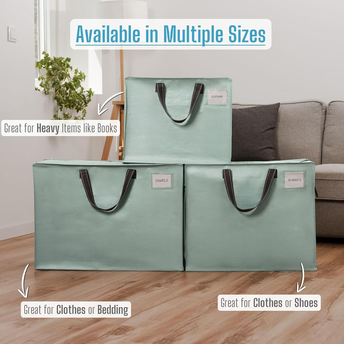 VENO 4 Pack Heavy Duty Moving Bags, Storage Bags, Packing Supplies, Top Zipper, Storage Totes for Camping, Clothes, Bedding, Comforters, Pillows (22 Gallon Light Green, 4 Pack)