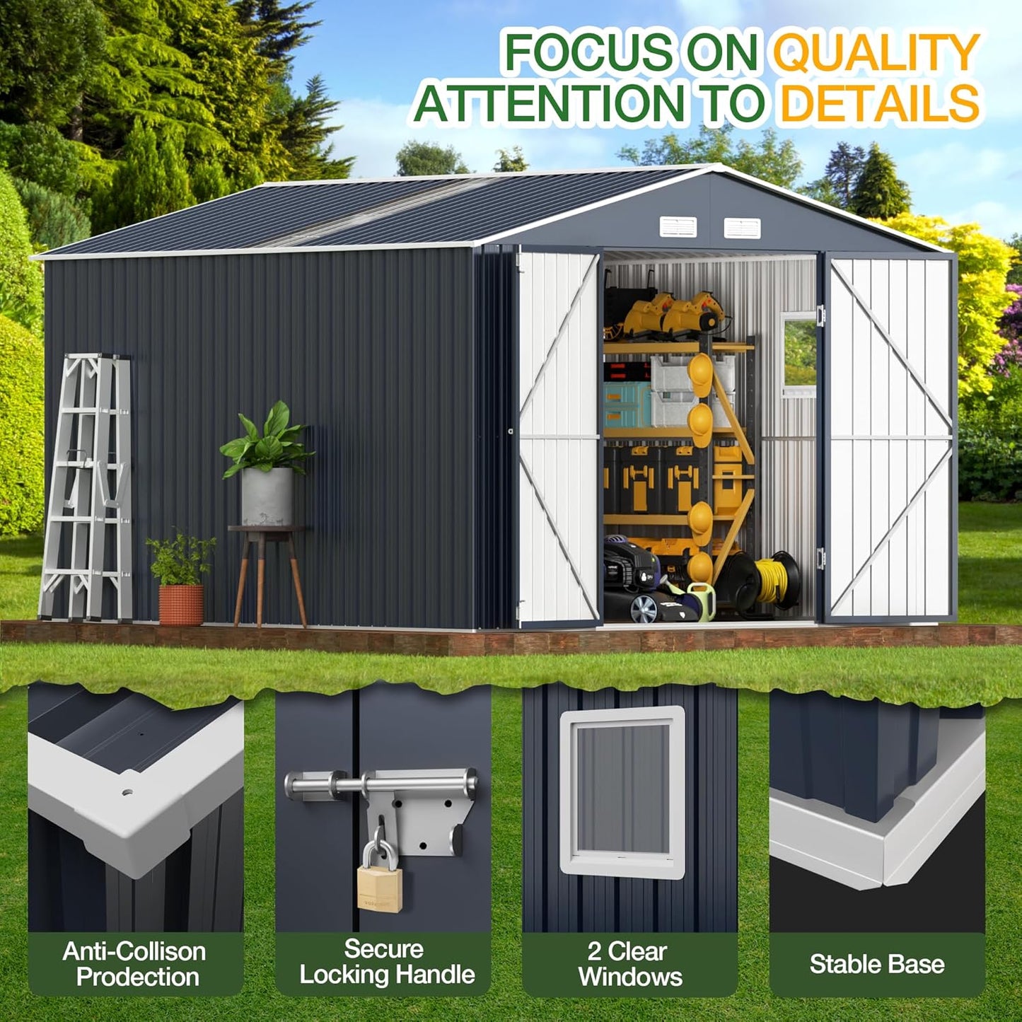 Breezz Outdoor Storage Shed 10 x 12 ft. Utility Tool Shed Metal Storage Garden Shed with Lockable Doors, Windows for Patio Storage, Nightblue