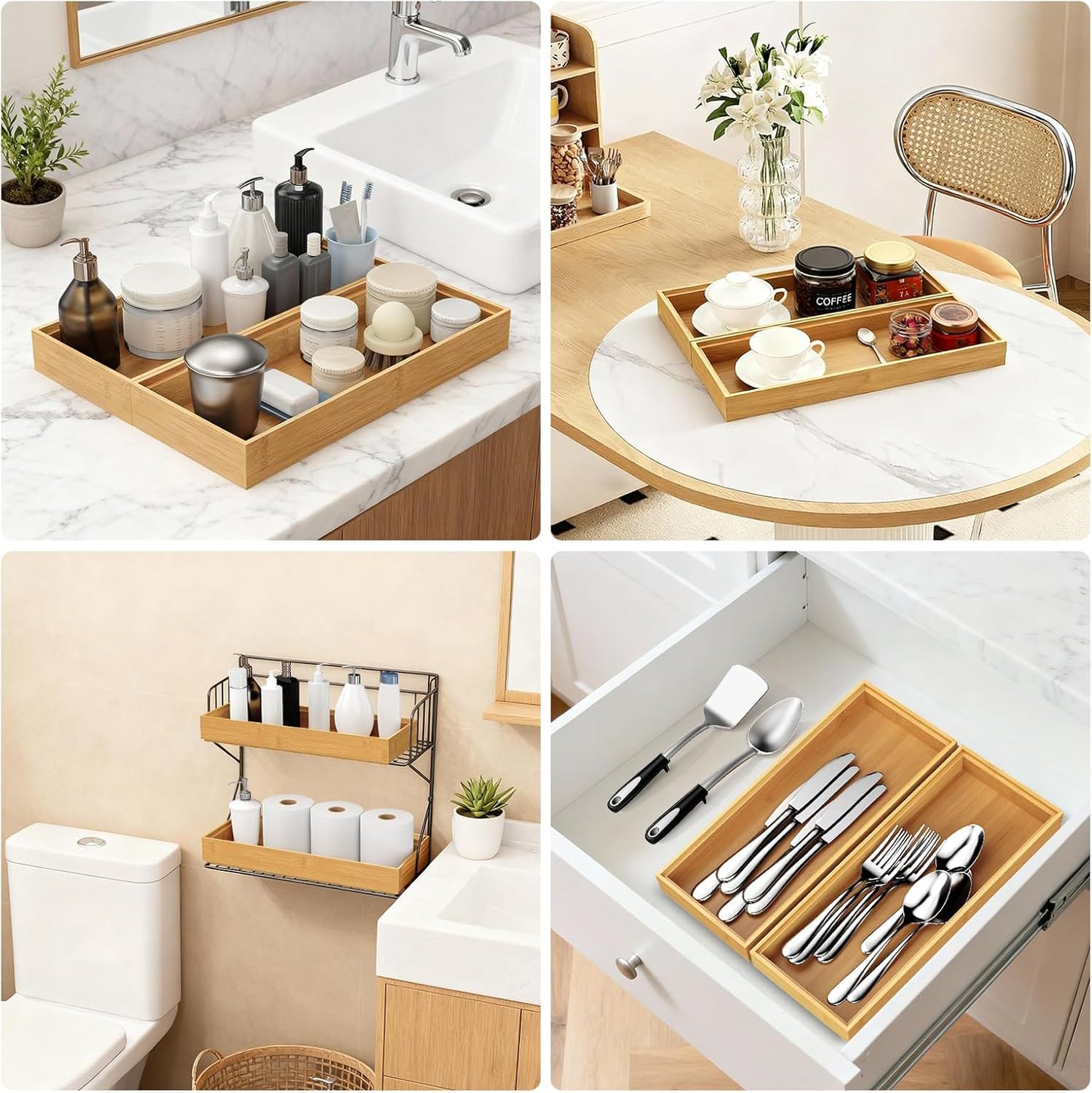 Bamboo Drawer Organizer, Stackable Utensil Trays for Kitchen, Wood Silverware Organizer for Drawer, Set of 2-15"x6"x2"