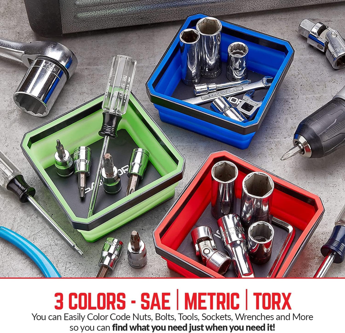 SANDOR Collapsible Magnetic Parts Tray Set - (Pack of 3) Tool Trays for Screw, Bolts, Nuts, Washers, Pins and Other Small Metal Parts - 4.25 Inch Square - Red, Blue, and Green