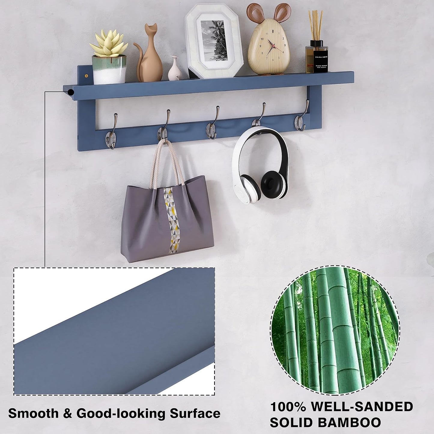 SMIBUY Coat Hooks with Shelf Wall-Mounted, 29.2 Inch Entryway Coat Rack for Wall, Bamboo Hanging Shelf with 5 Double Metal Hooks for Bathroom, Bedroom, Kitchen, Living Room, Mudroom (Grey)