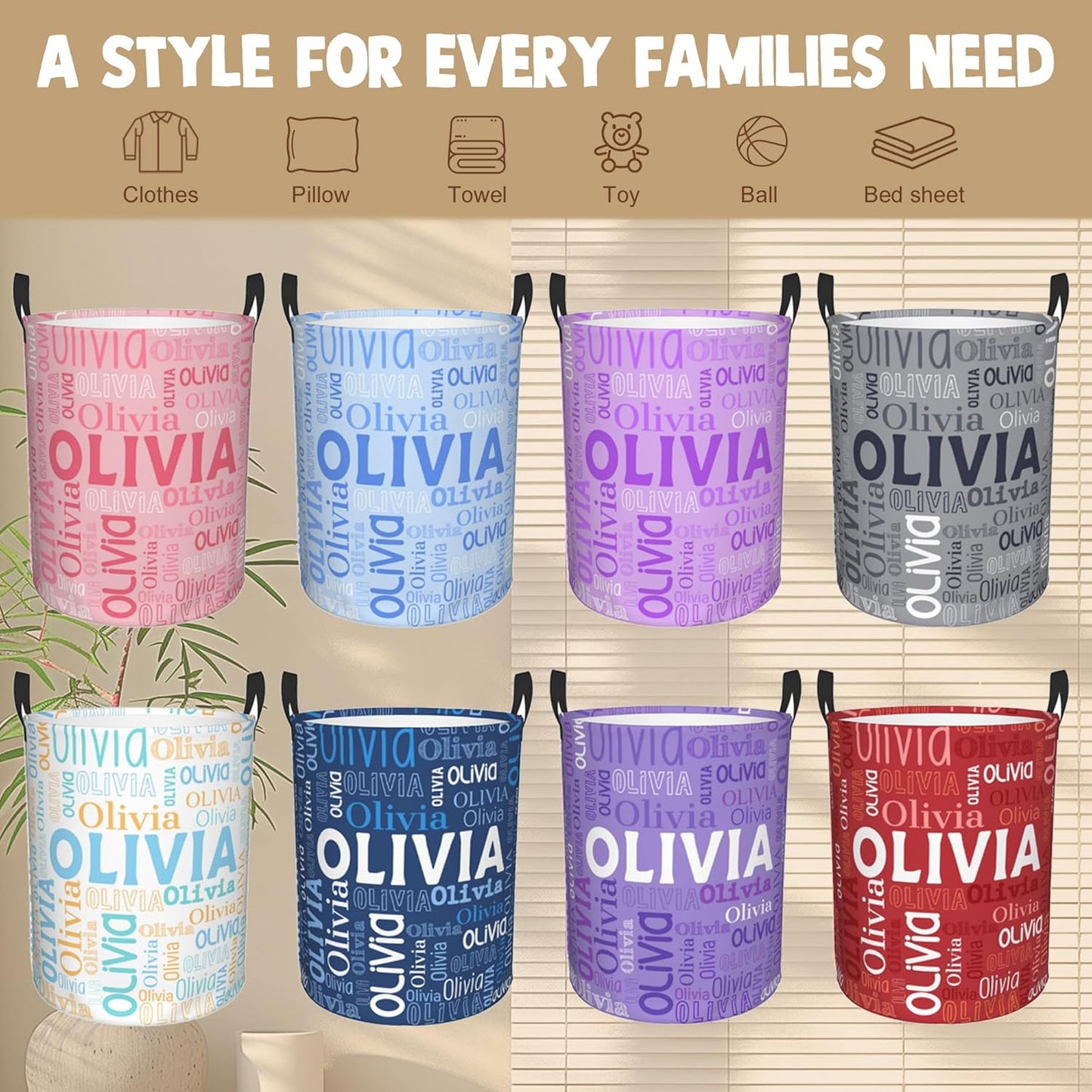 Custom Name Laundry Hamper, Personalized Laundry Basket with Name for Boys Girls Kids Men Women, Customized Name Dirty Clothes Basket Gifts for Clothes Toy Bathroom Bedroom Laundry Room Dorm
