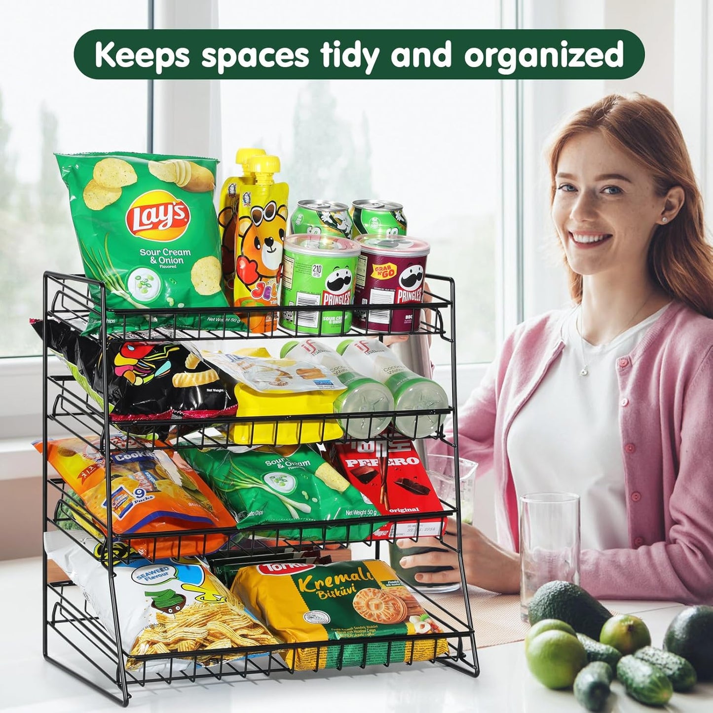 4-Tier Black Stackable Candy Display Rack, Snack Organizer For Countertop, Stores, Offices with 12 Signs and 30 Labels (Black-1 Pack)